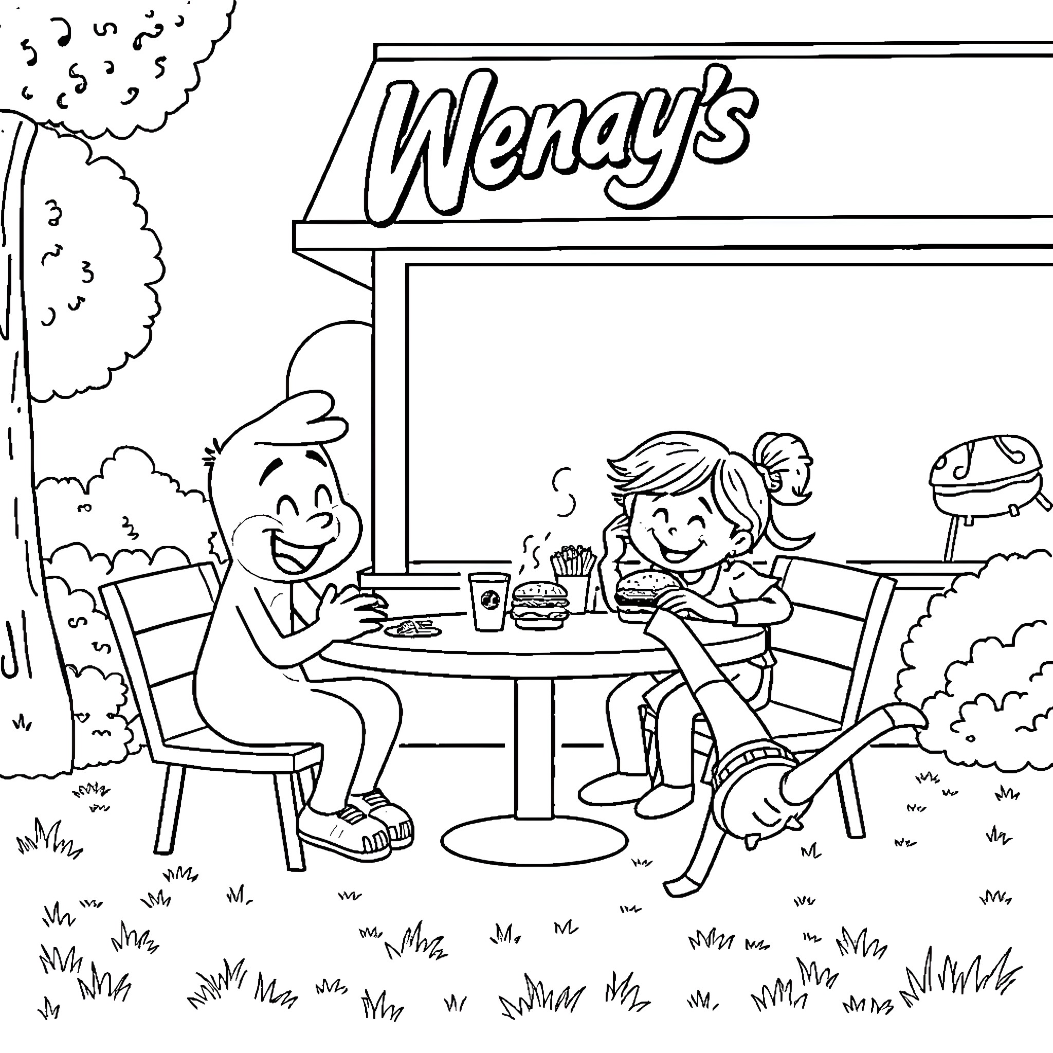 Bluey's Lunch at Wendy's with Friend Coloring Page (free black-and-white line drawing printable PDF for all, from beginners to advanced learners, including children, teens, adults, and seniors)