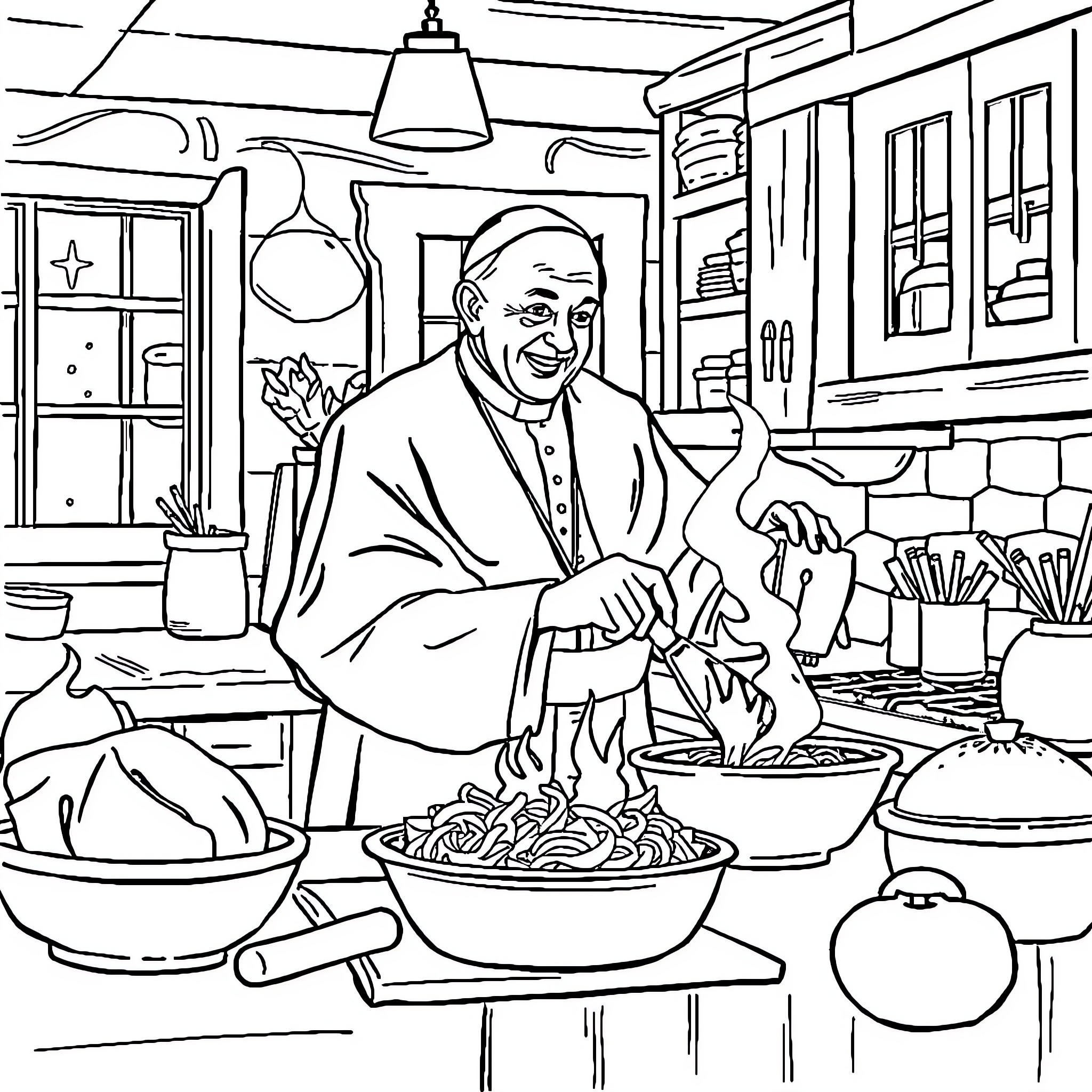 Pope Preparing a Meal in the Kitchen Coloring Page (free black-and-white line drawing printable PDF for all, from beginners to advanced learners, including children, teens, adults, and seniors)