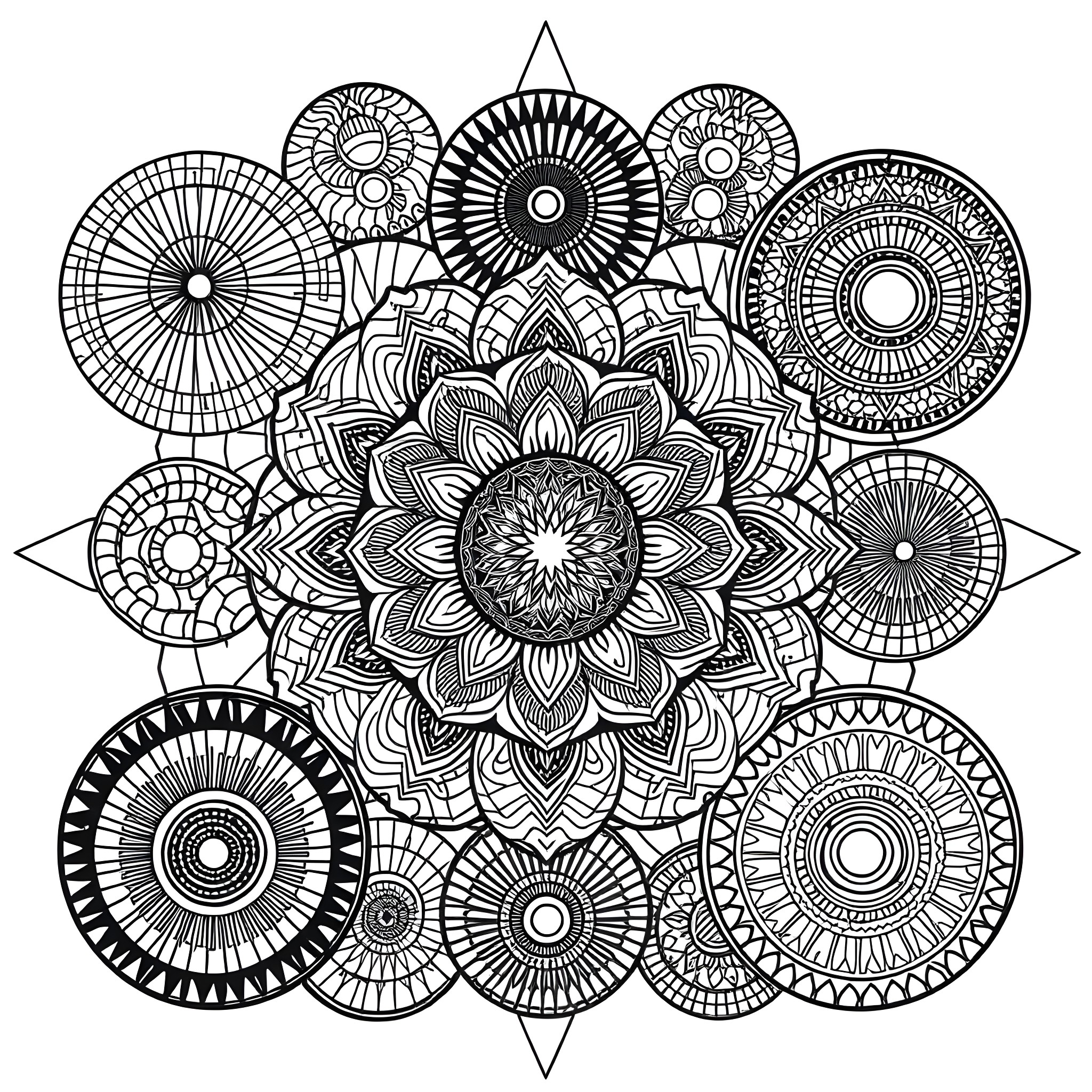 Circle of Intricate Mandala Designs Coloring Page (free black-and-white line drawing printable PDF for all, from beginners to advanced learners, including children, teens, adults, and seniors)
