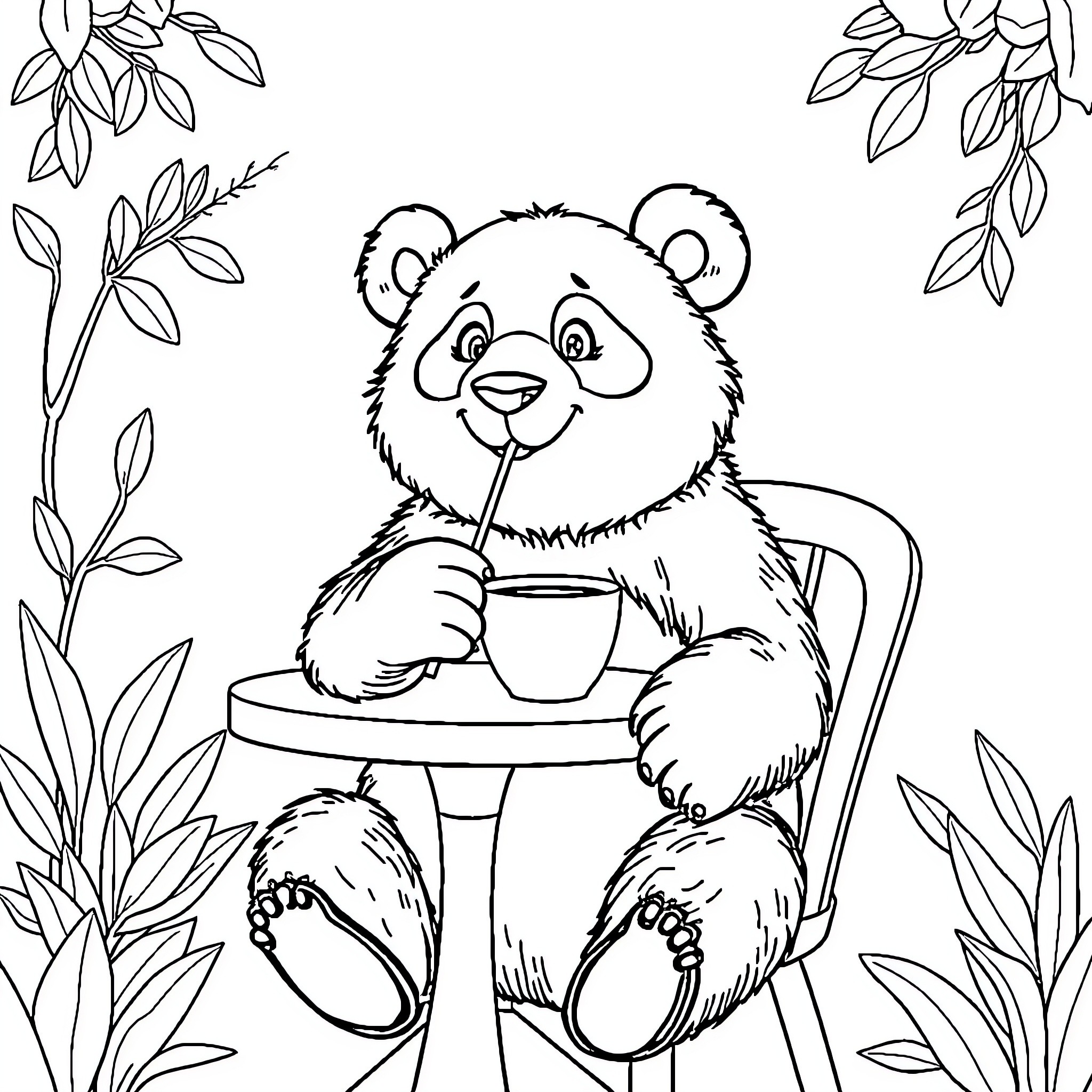 Panda enjoying a snack in a serene setting Coloring Page (free black-and-white line drawing printable PDF for all, from beginners to advanced learners, including children, teens, adults, and seniors)