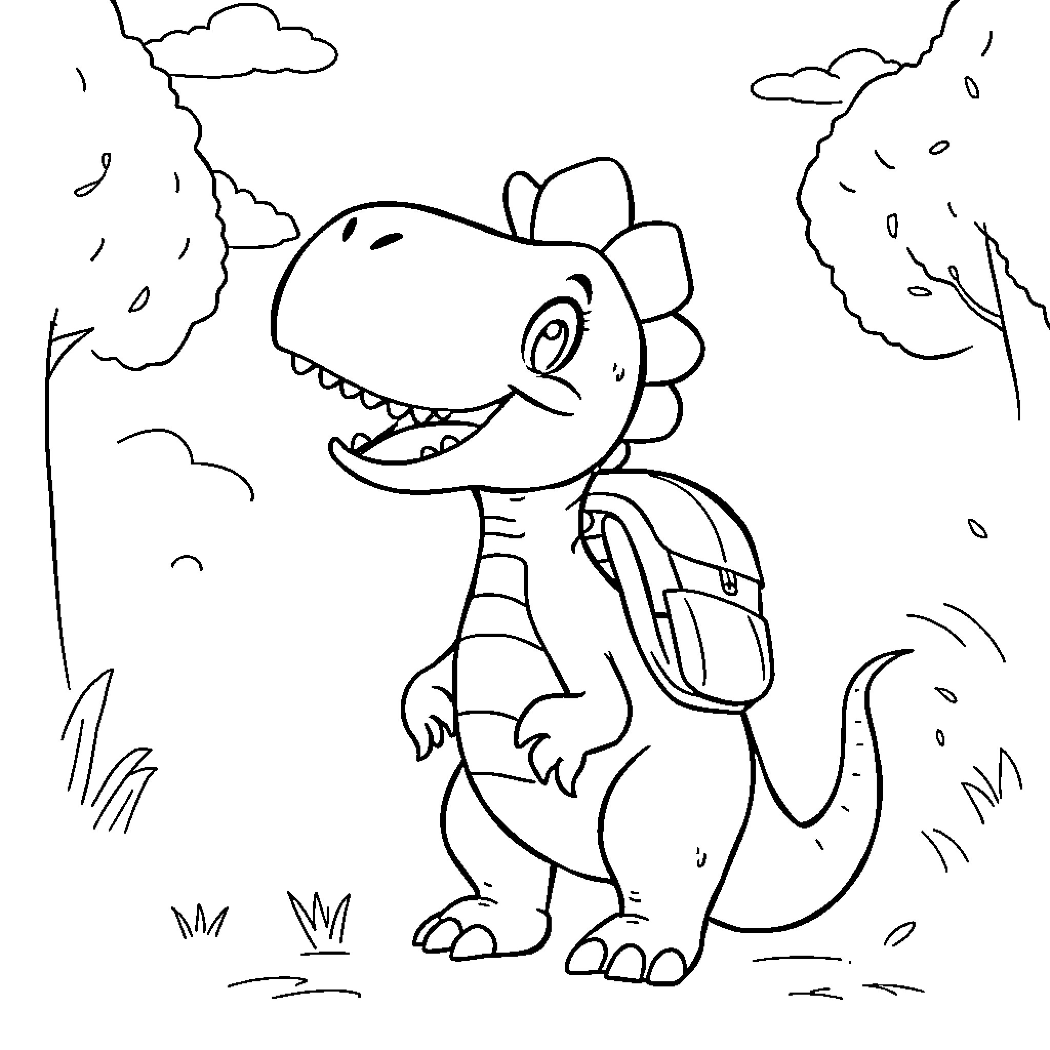 Dinosaur going for a hike in the wilderness Coloring Page (free black-and-white line drawing printable PDF for all, from beginners to advanced learners, including children, teens, adults, and seniors)