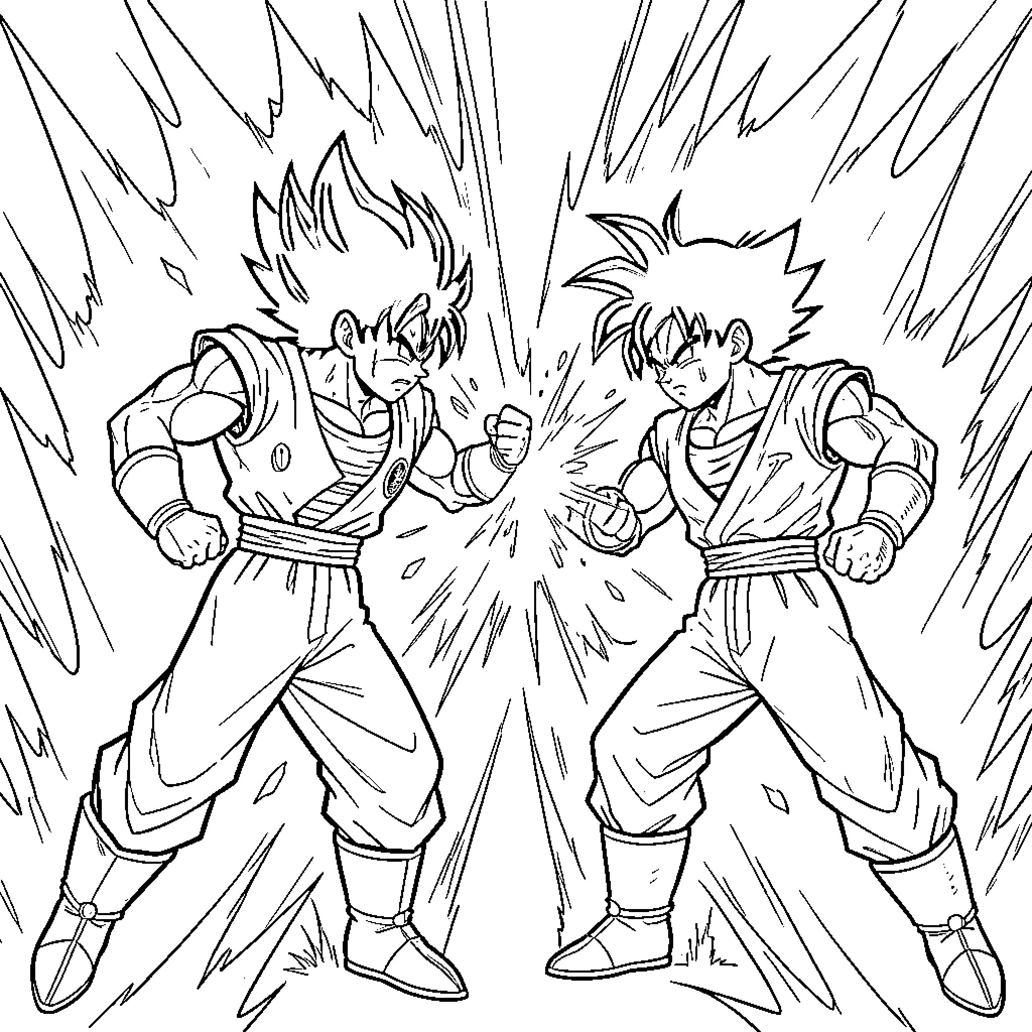 Vegeta clashing in an intense battle Coloring Page (free black-and-white line drawing printable PDF for all, from beginners to advanced learners, including children, teens, adults, and seniors)