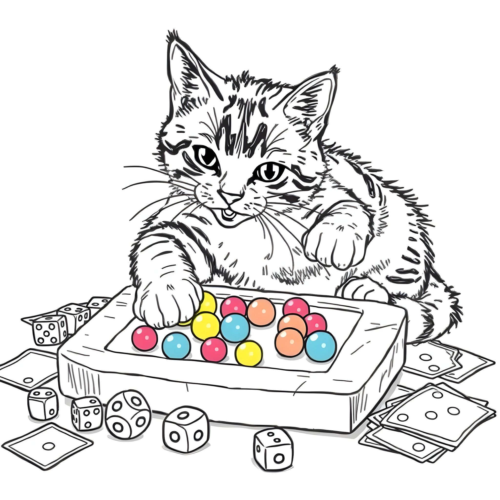 Cat playing with colorful toys and dice Coloring Page (free black-and-white line drawing printable PDF for all, from beginners to advanced learners, including children, teens, adults, and seniors)