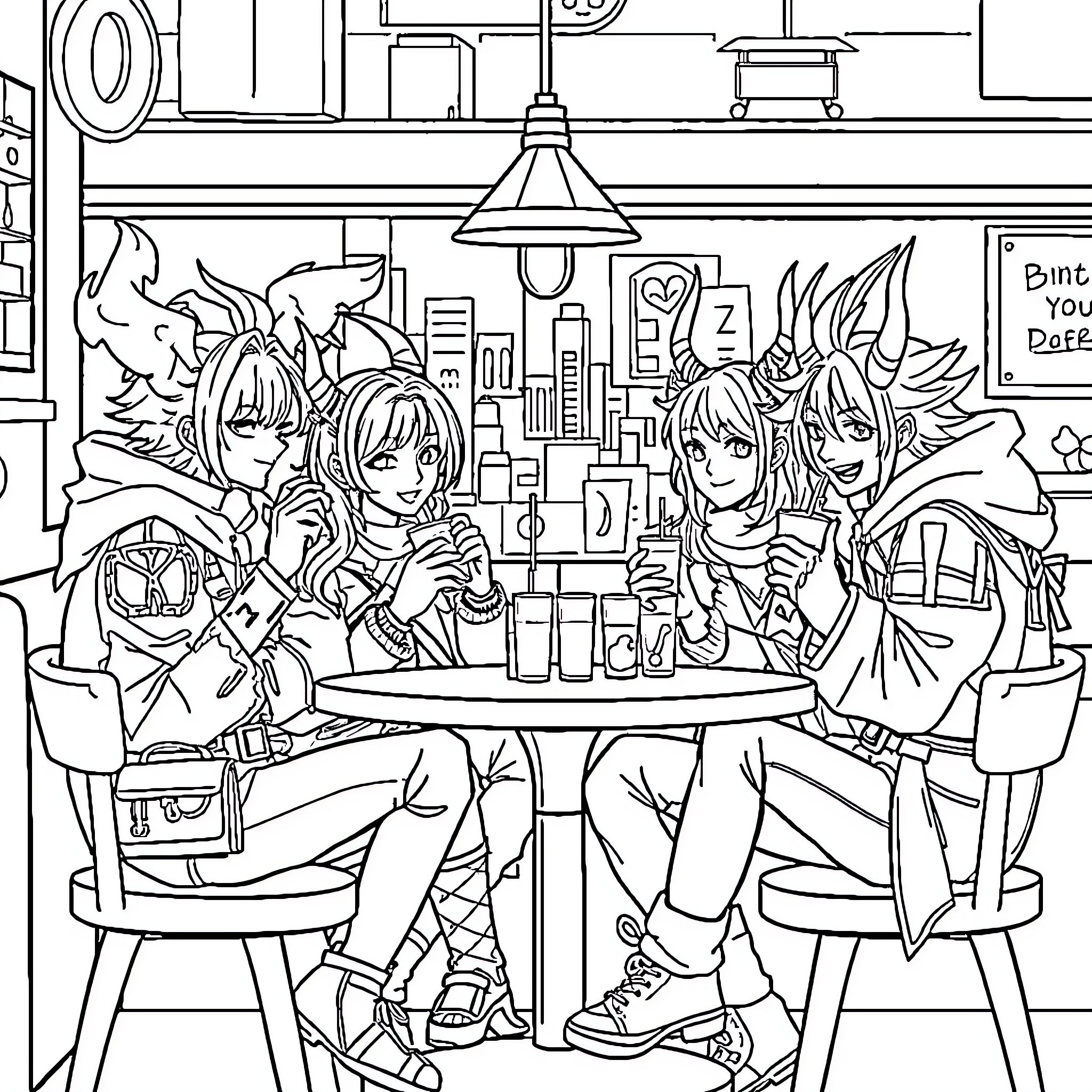 Demon Hunters Gathering in a Cozy Cafe Coloring Page (free black-and-white line drawing printable PDF for all, from beginners to advanced learners, including children, teens, adults, and seniors)