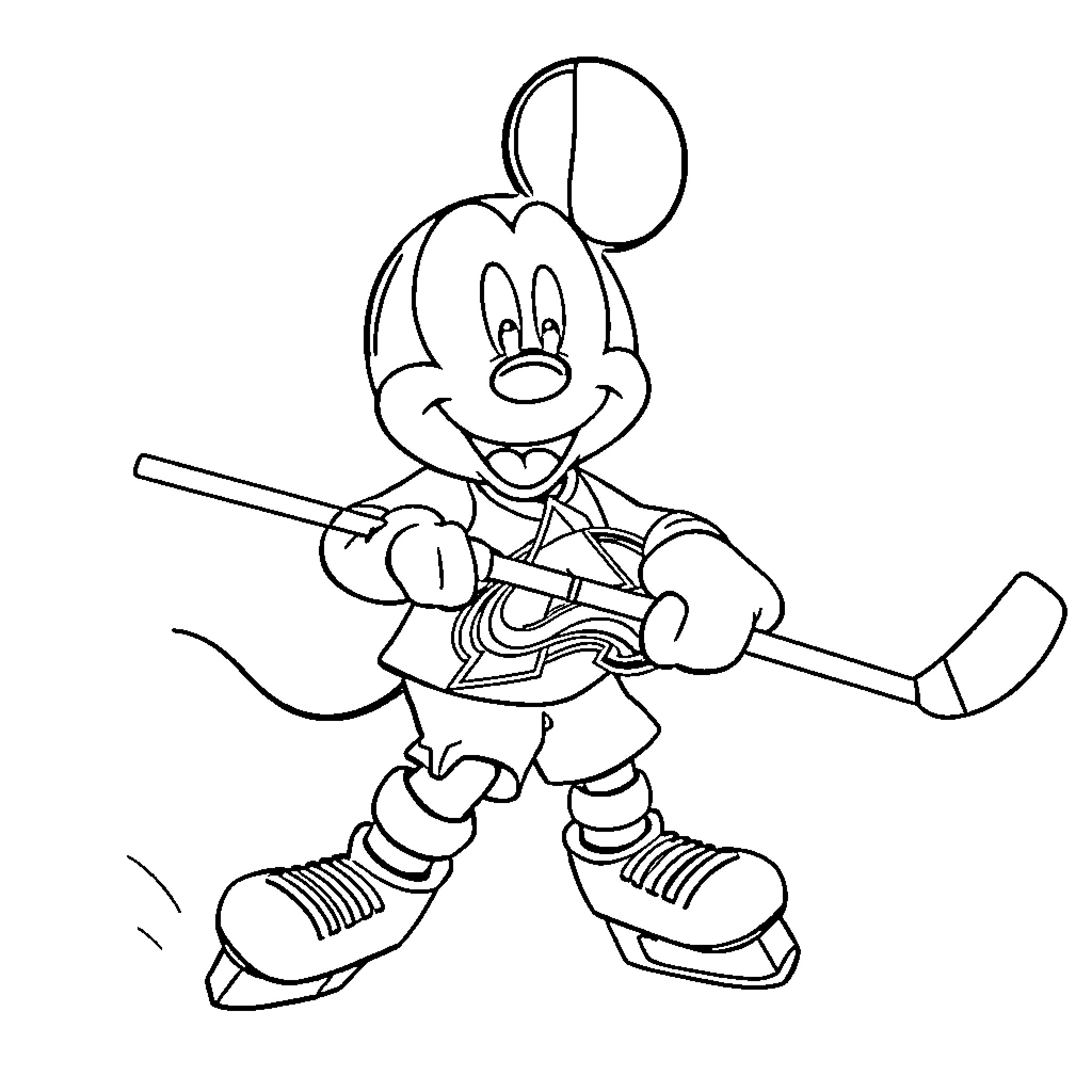 Mickey Mouse playing hockey with enthusiasm Coloring Page (free black-and-white line drawing printable PDF for all, from beginners to advanced learners, including children, teens, adults, and seniors)