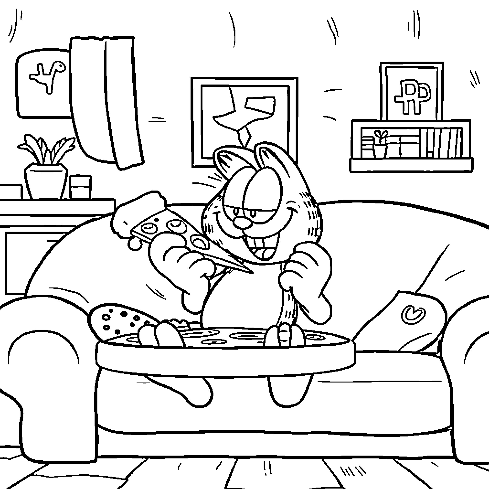 Garfield relaxing on the couch with pizza Coloring Page (free black-and-white line drawing printable PDF for all, from beginners to advanced learners, including children, teens, adults, and seniors)