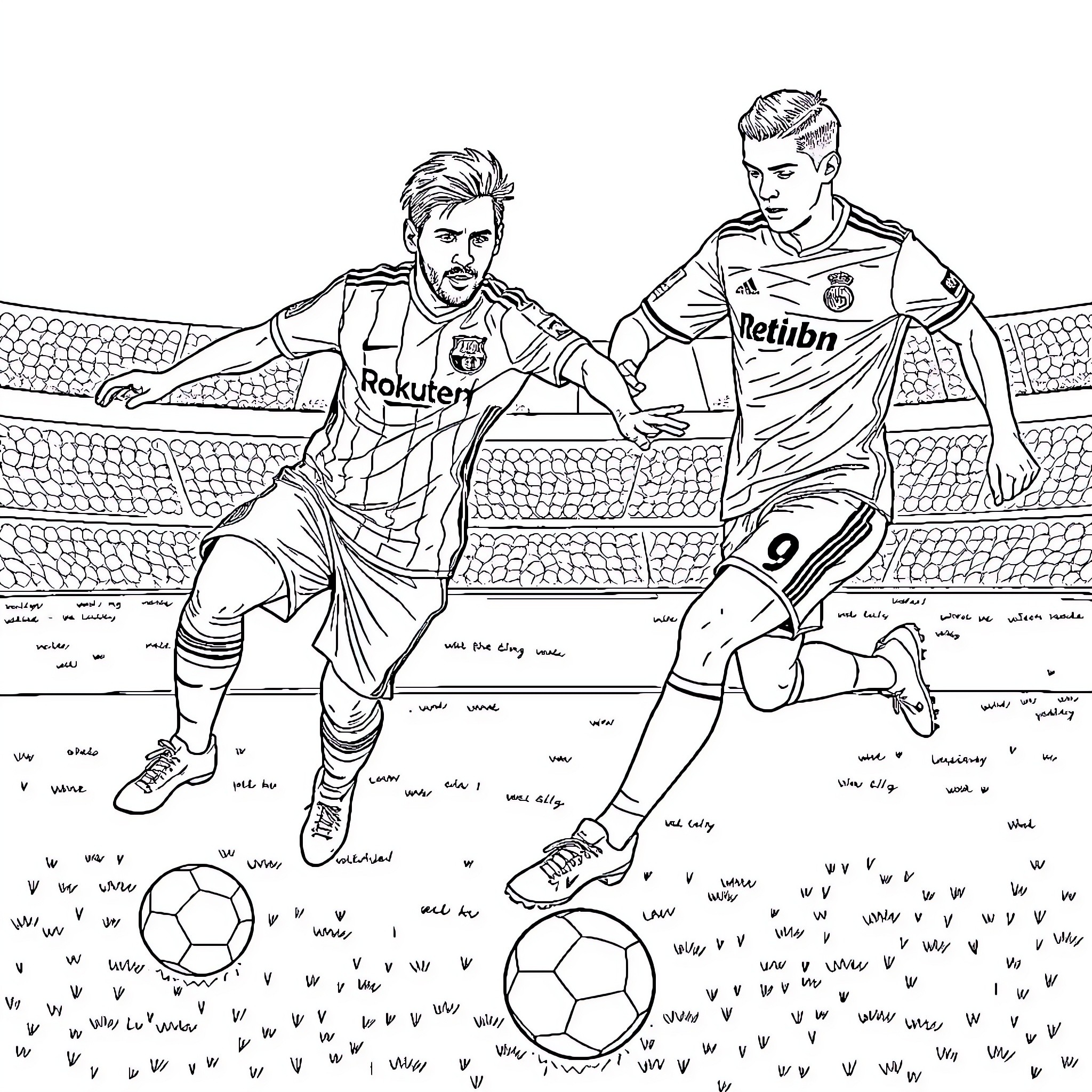 Messi and Ronaldo competing on the soccer field Coloring Page (free black-and-white line drawing printable PDF for all, from beginners to advanced learners, including children, teens, adults, and seniors)