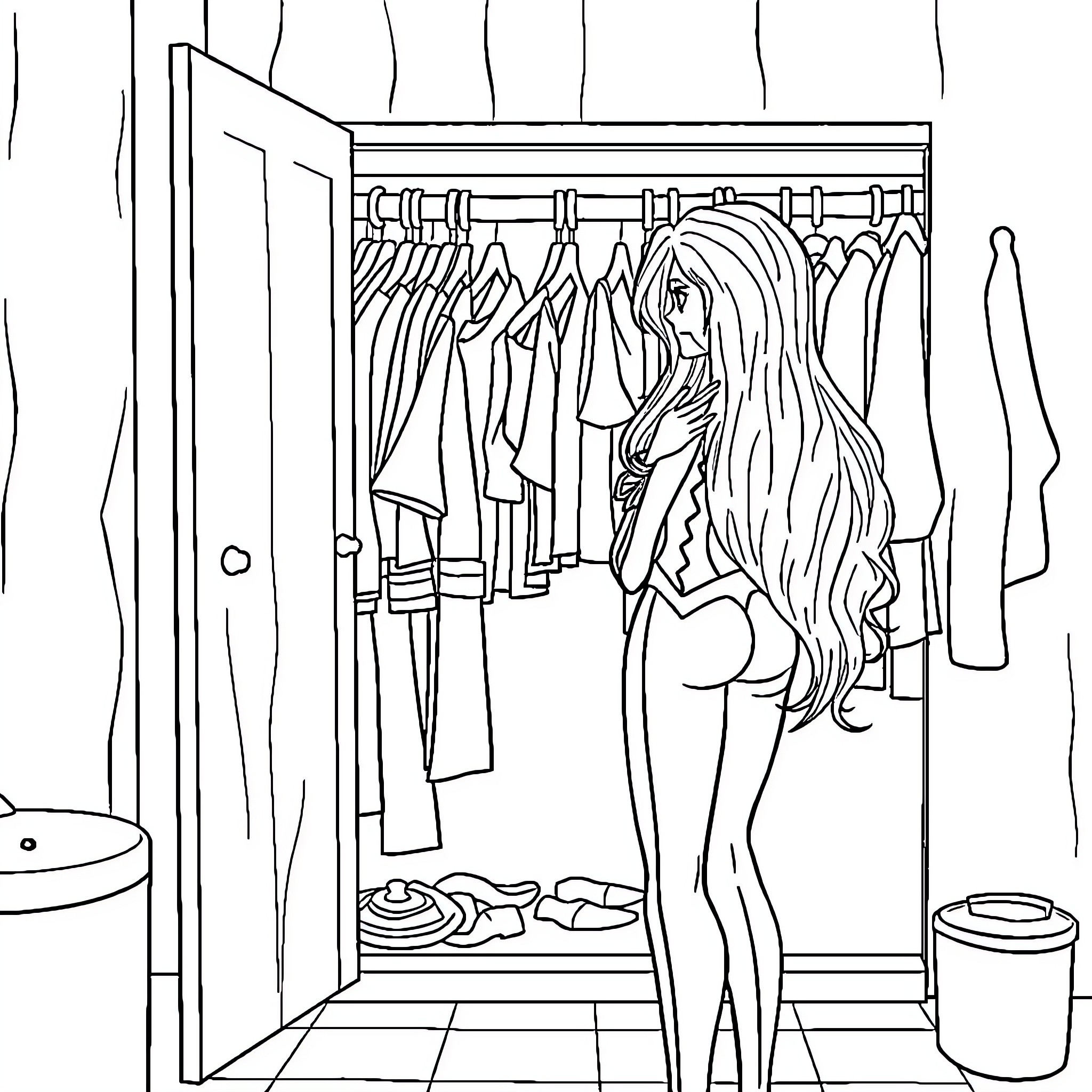 Starfire's Wardrobe: A Closet Exploration Coloring Page (free black-and-white line drawing printable PDF for all, from beginners to advanced learners, including children, teens, adults, and seniors)