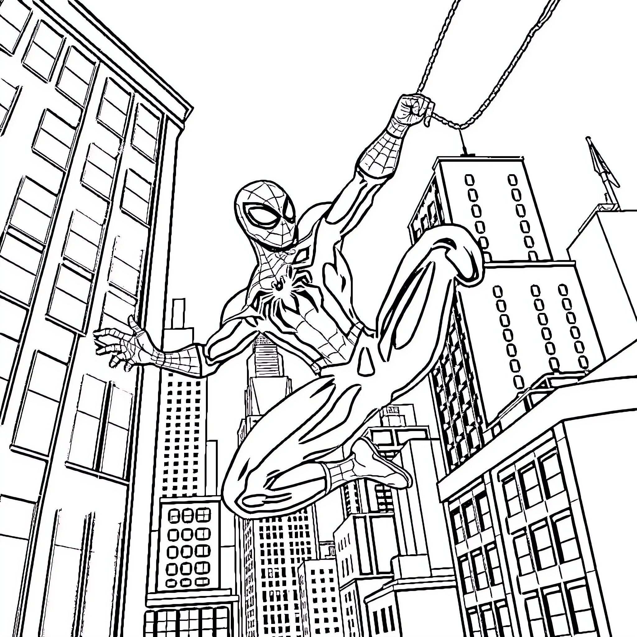 Spider-Man swinging through the city skyline Coloring Page (free black-and-white line drawing printable PDF for all, from beginners to advanced learners, including children, teens, adults, and seniors)