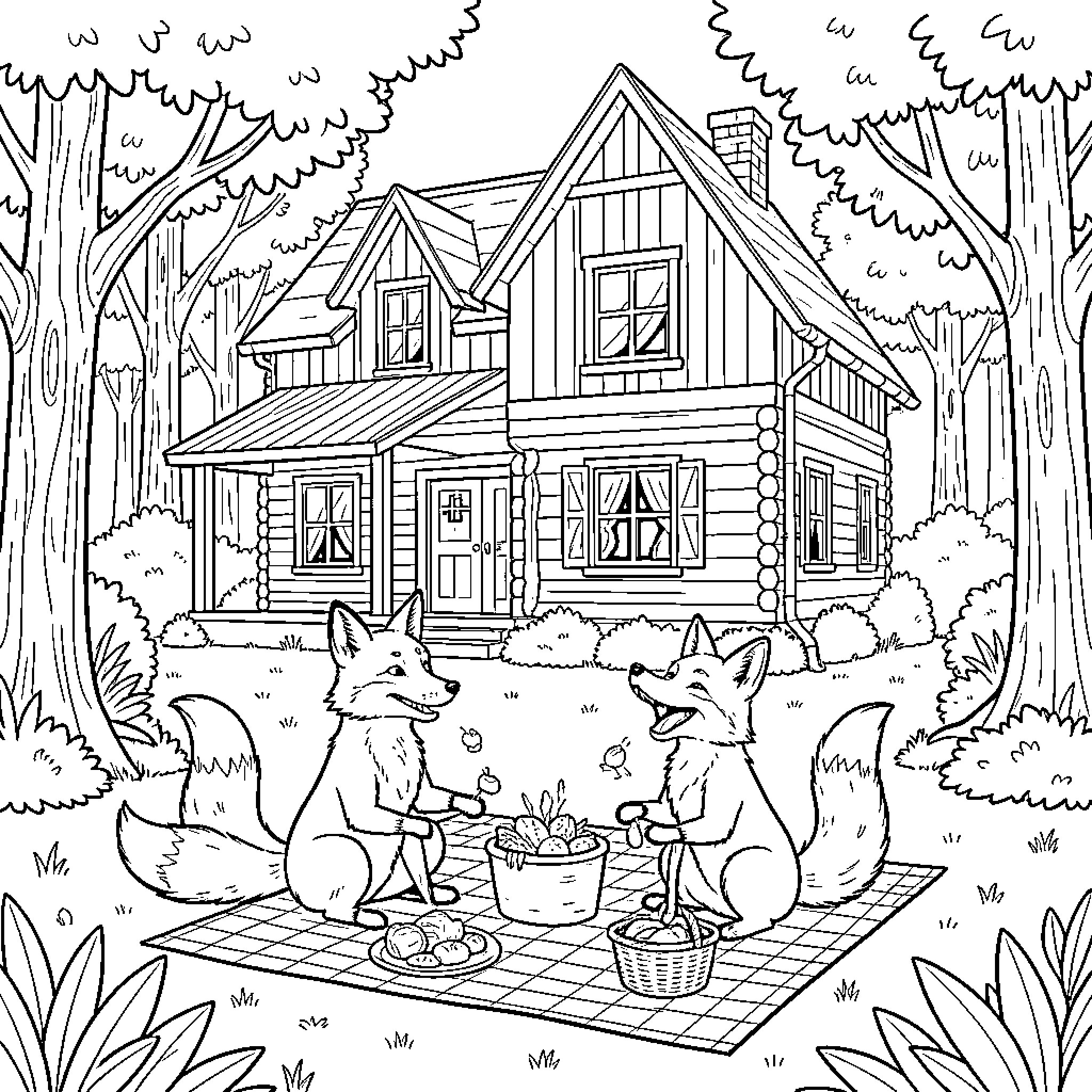 Renard's Woodland Picnic Coloring Page (free black-and-white line drawing printable PDF for all, from beginners to advanced learners, including children, teens, adults, and seniors)