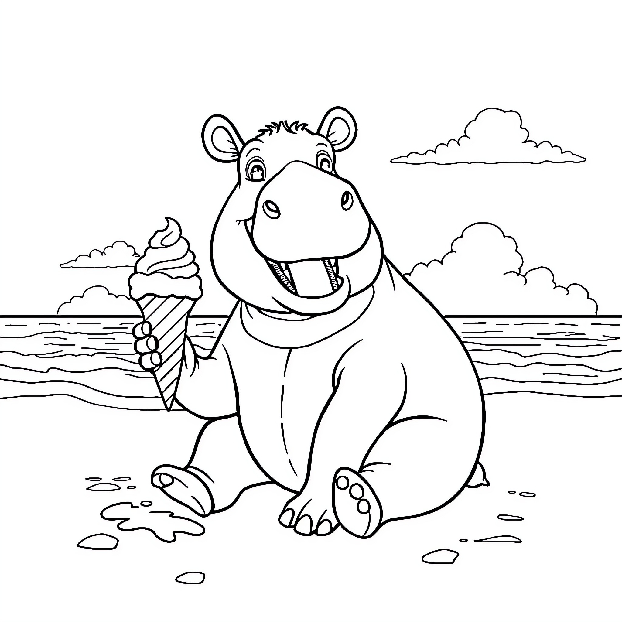 Tapir enjoying an ice cream by the beach Coloring Page (free black-and-white line drawing printable PDF for all, from beginners to advanced learners, including children, teens, adults, and seniors)