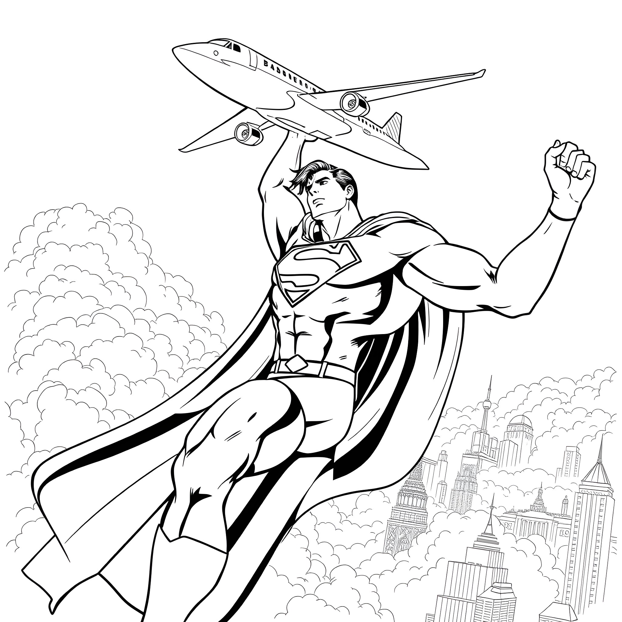 Superman soaring over the city with plane in the background Coloring Page (free black-and-white line drawing printable PDF for all, from beginners to advanced learners, including children, teens, adults, and seniors)