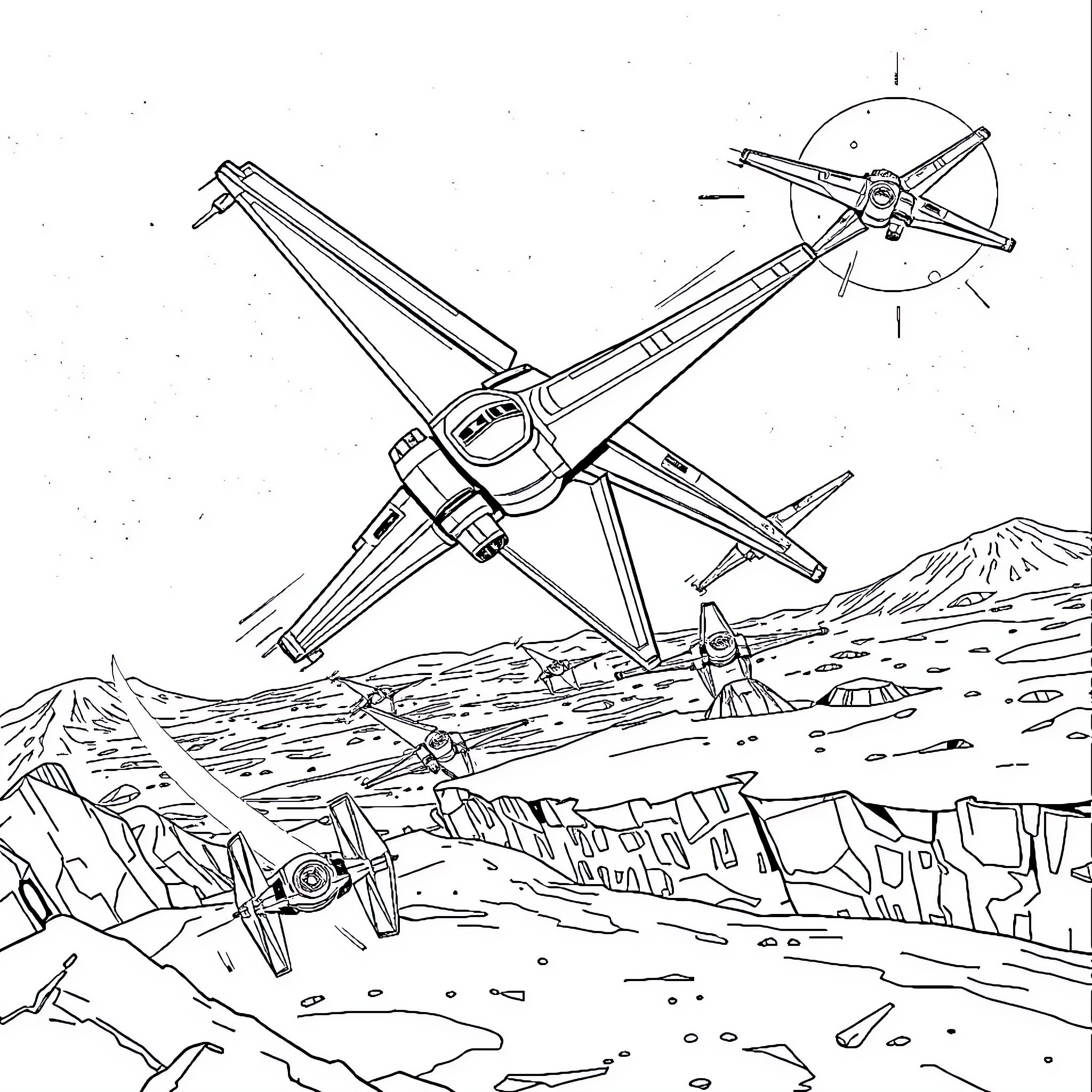 X-Wing starfighters soaring over rocky terrain Coloring Page (free black-and-white line drawing printable PDF for all, from beginners to advanced learners, including children, teens, adults, and seniors)