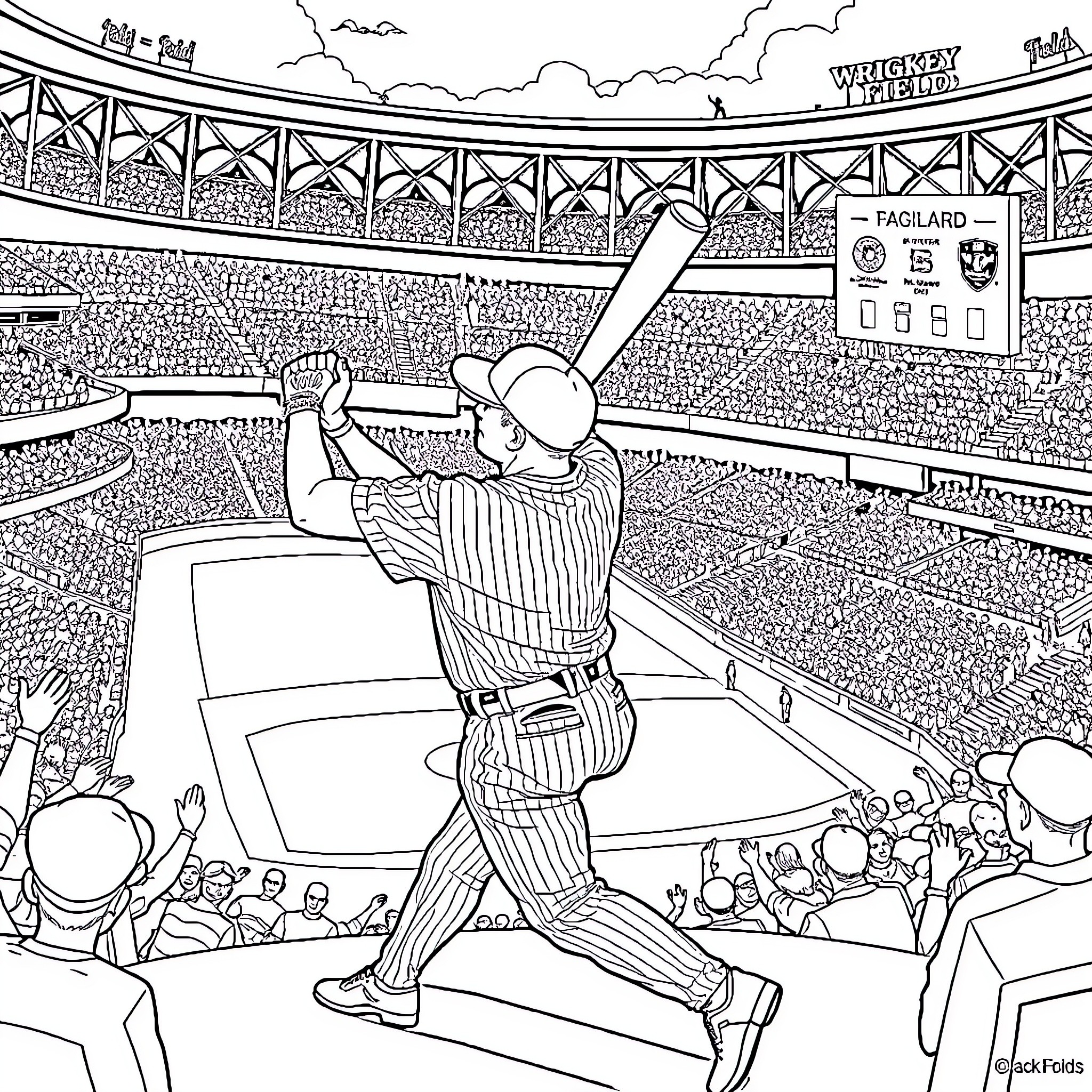 Captain Picard Baseball Player Batting in Stadium Coloring Page (free black-and-white line drawing printable PDF for all, from beginners to advanced learners, including children, teens, adults, and seniors)