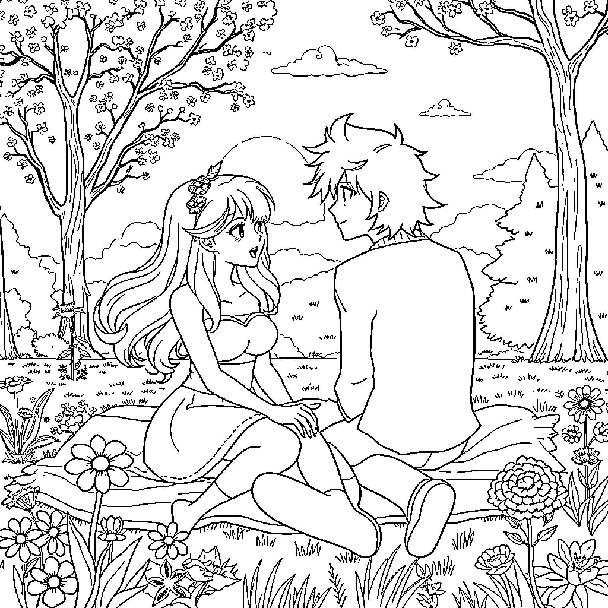 Aphmau's Enchanted Forest Embrace Coloring Page (free black-and-white line drawing printable PDF for all, from beginners to advanced learners, including children, teens, adults, and seniors)