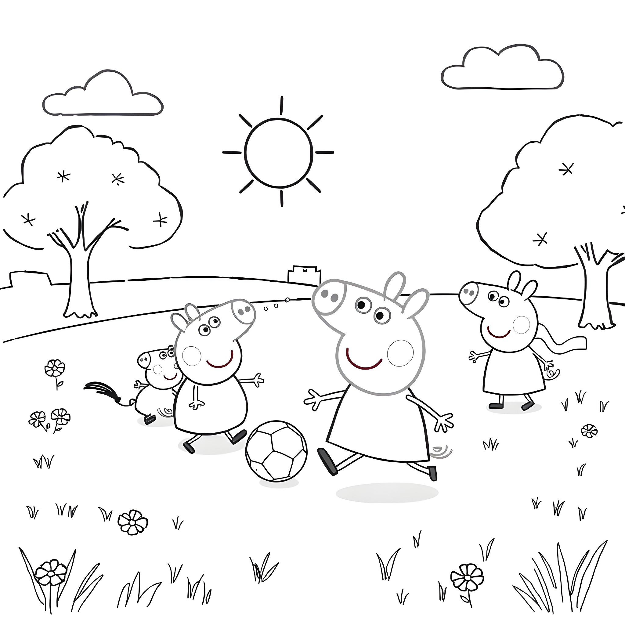 Peppa Pig and friends playing soccer in the park Coloring Page (free black-and-white line drawing printable PDF for all, from beginners to advanced learners, including children, teens, adults, and seniors)