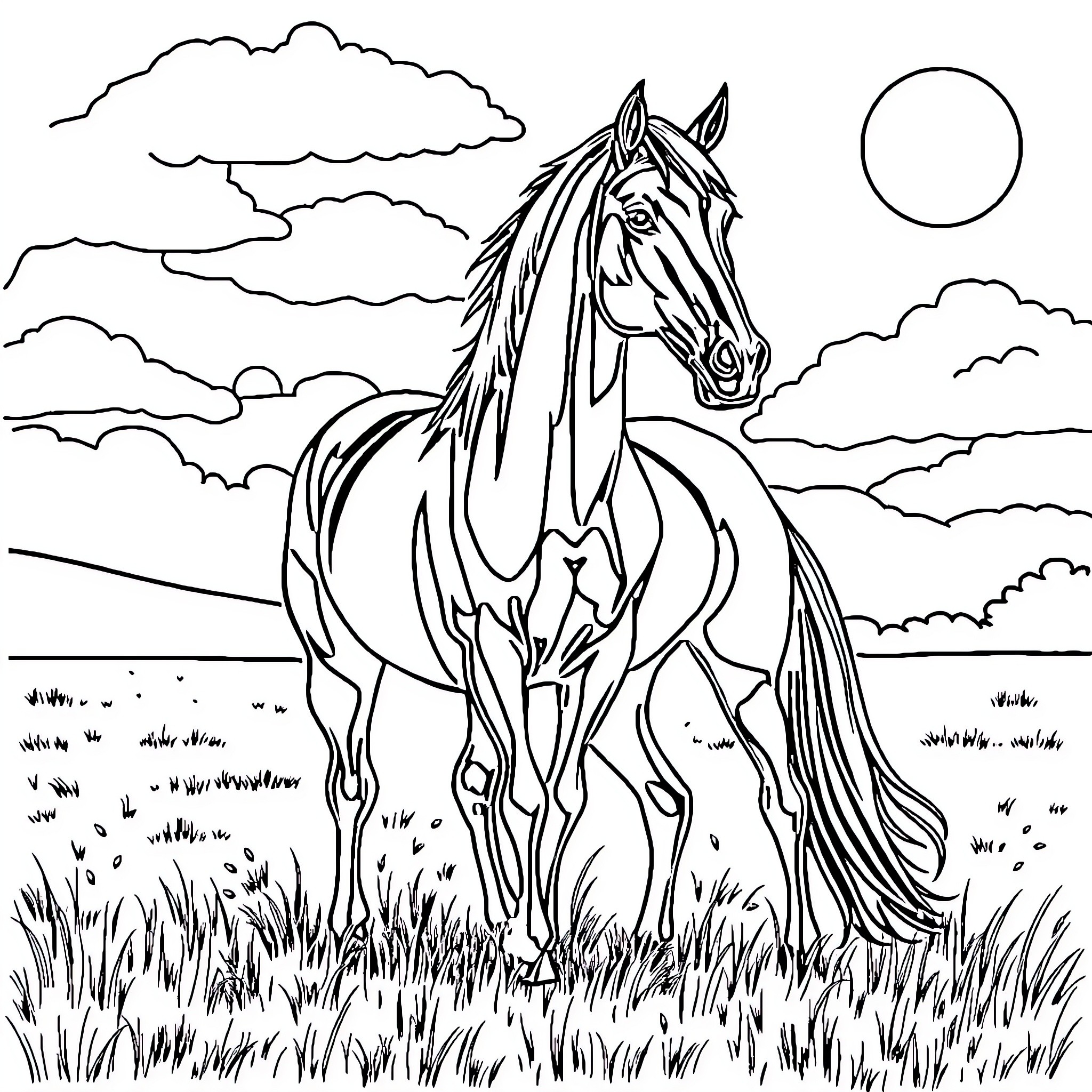 Horse in a Serene Outdoor Setting Coloring Page (free black-and-white line drawing printable PDF for all, from beginners to advanced learners, including children, teens, adults, and seniors)