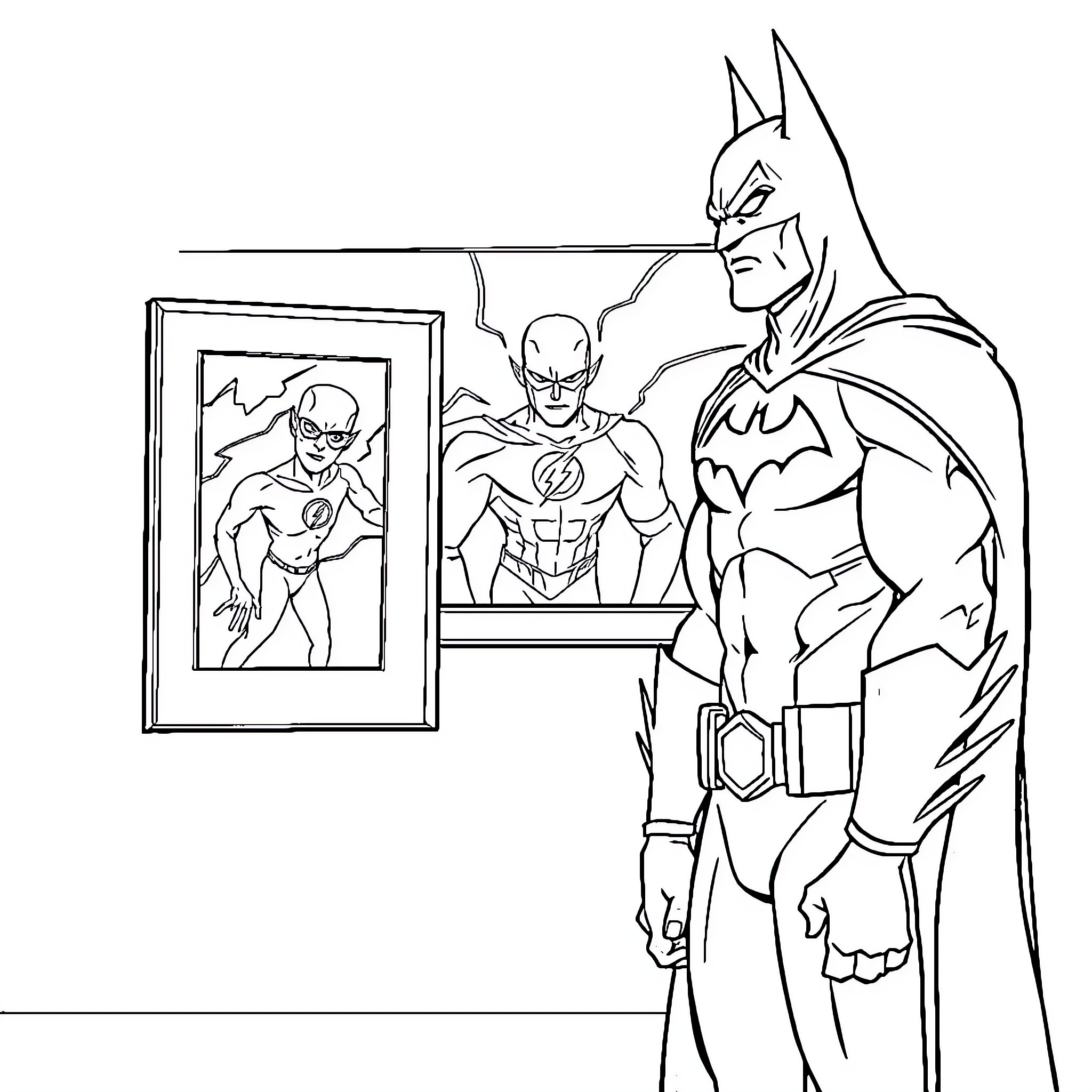 Batman Admiring Heroes in Framed Picture Coloring Page (free black-and-white line drawing printable PDF for all, from beginners to advanced learners, including children, teens, adults, and seniors)