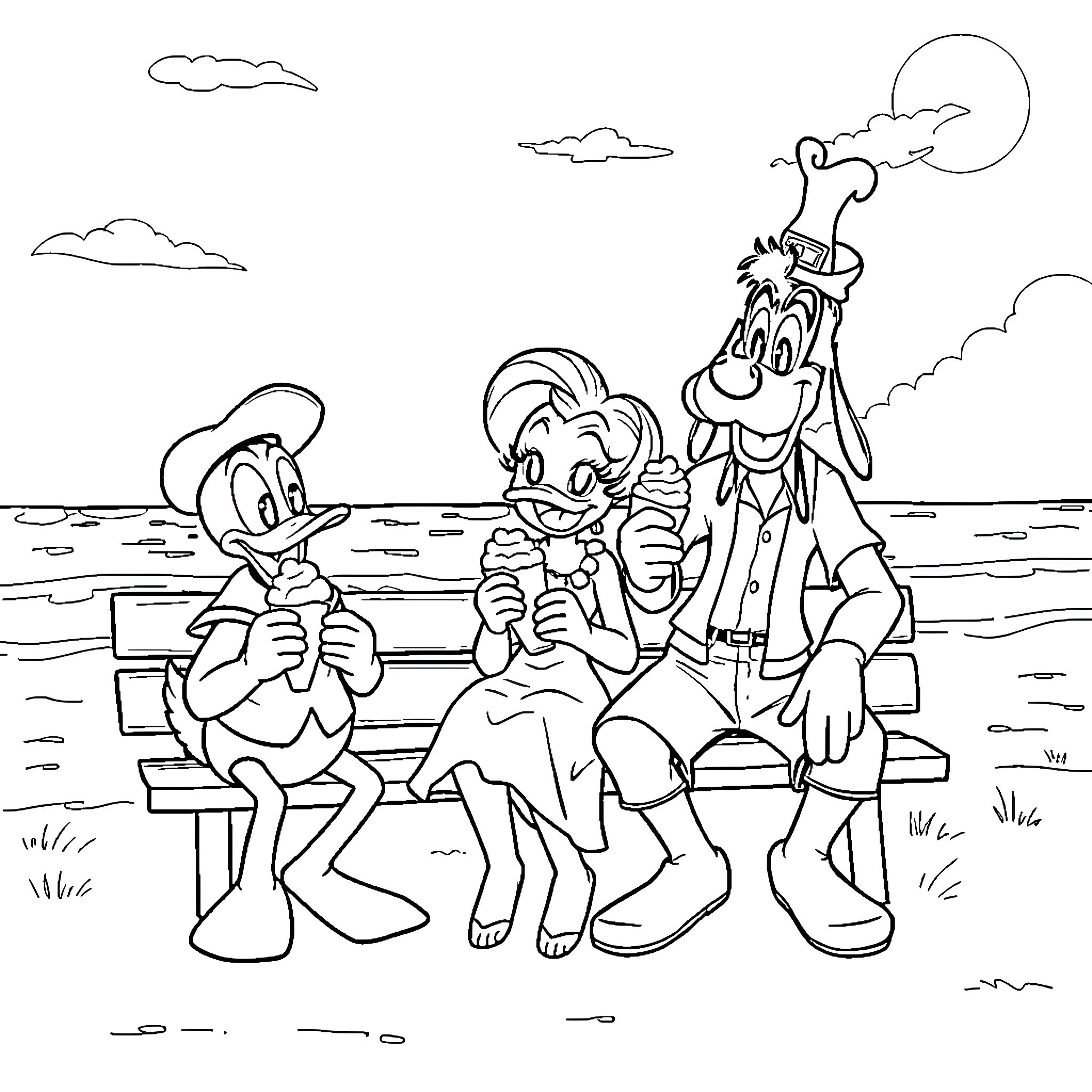 Donald Duck and friends enjoying a beach outing Coloring Page (free black-and-white line drawing printable PDF for all, from beginners to advanced learners, including children, teens, adults, and seniors)