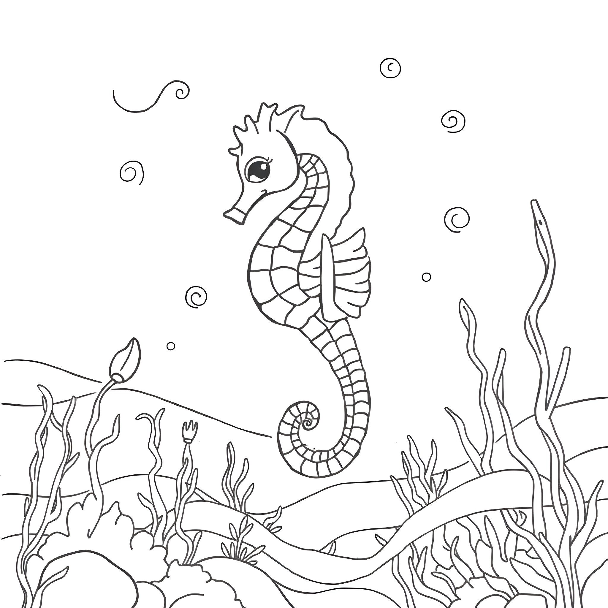 Seahorse swimming gracefully in the underwater world Coloring Page (free black-and-white line drawing printable PDF for all, from beginners to advanced learners, including children, teens, adults, and seniors)