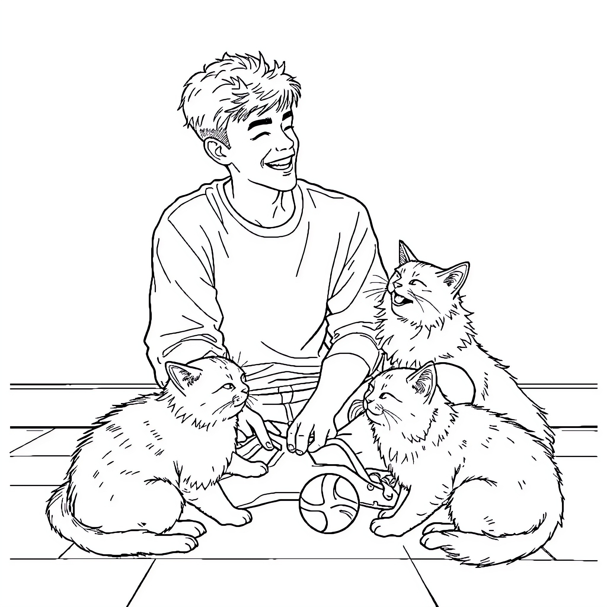 Justin Bieber playing with kittens Coloring Page (free black-and-white line drawing printable PDF for all, from beginners to advanced learners, including children, teens, adults, and seniors)