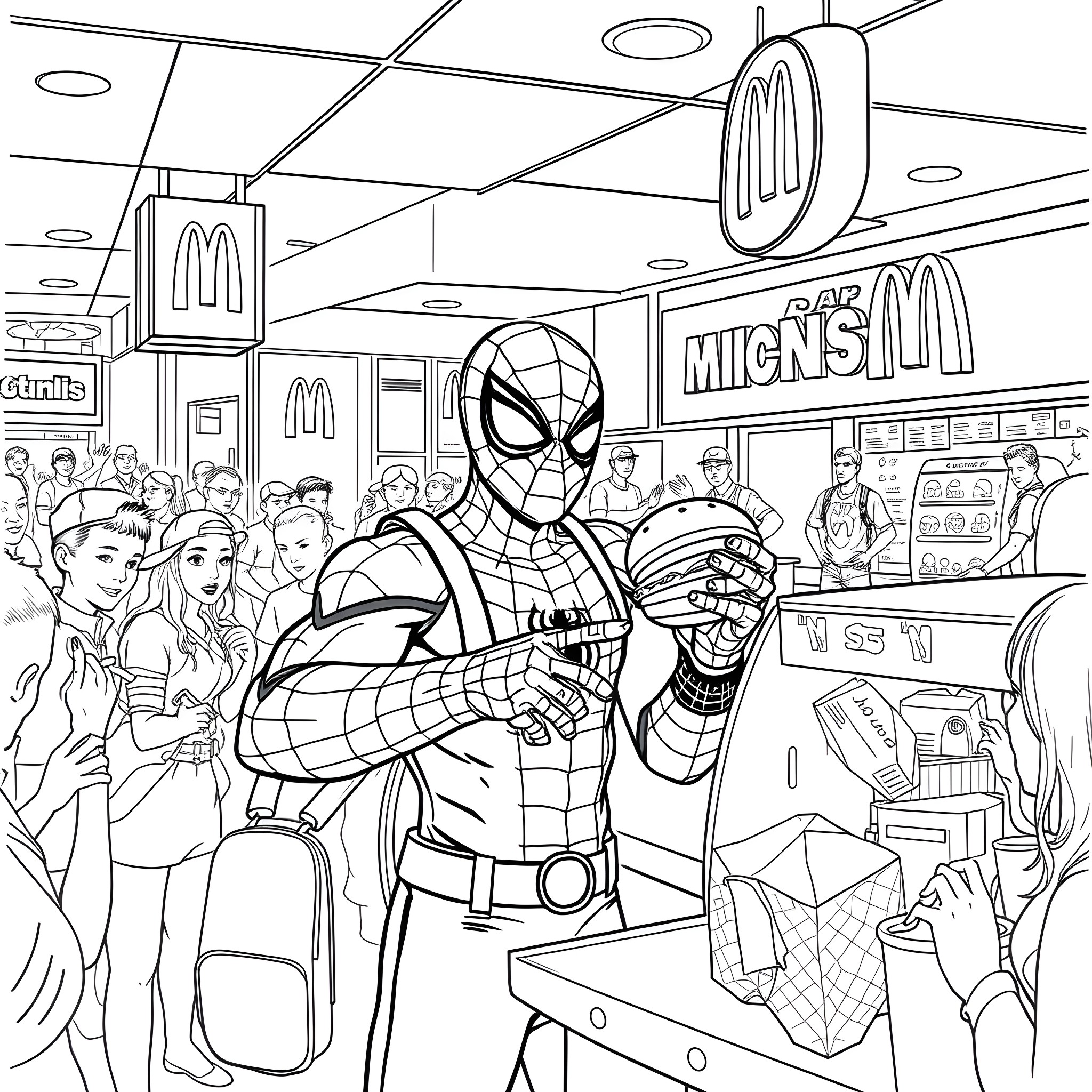 Spiderman battles villains in a crowded fast food restaurant Coloring Page (free black-and-white line drawing printable PDF for all, from beginners to advanced learners, including children, teens, adults, and seniors)