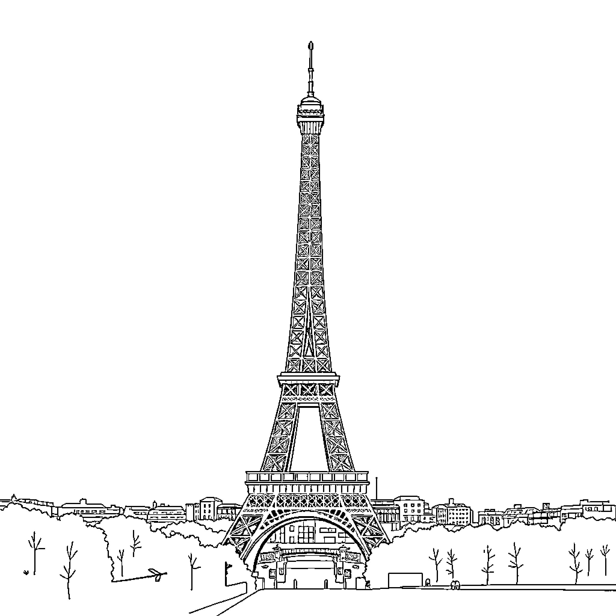 Eiffel Tower in simple black and white illustration Coloring Page (free black-and-white line drawing printable PDF for all, from beginners to advanced learners, including children, teens, adults, and seniors)