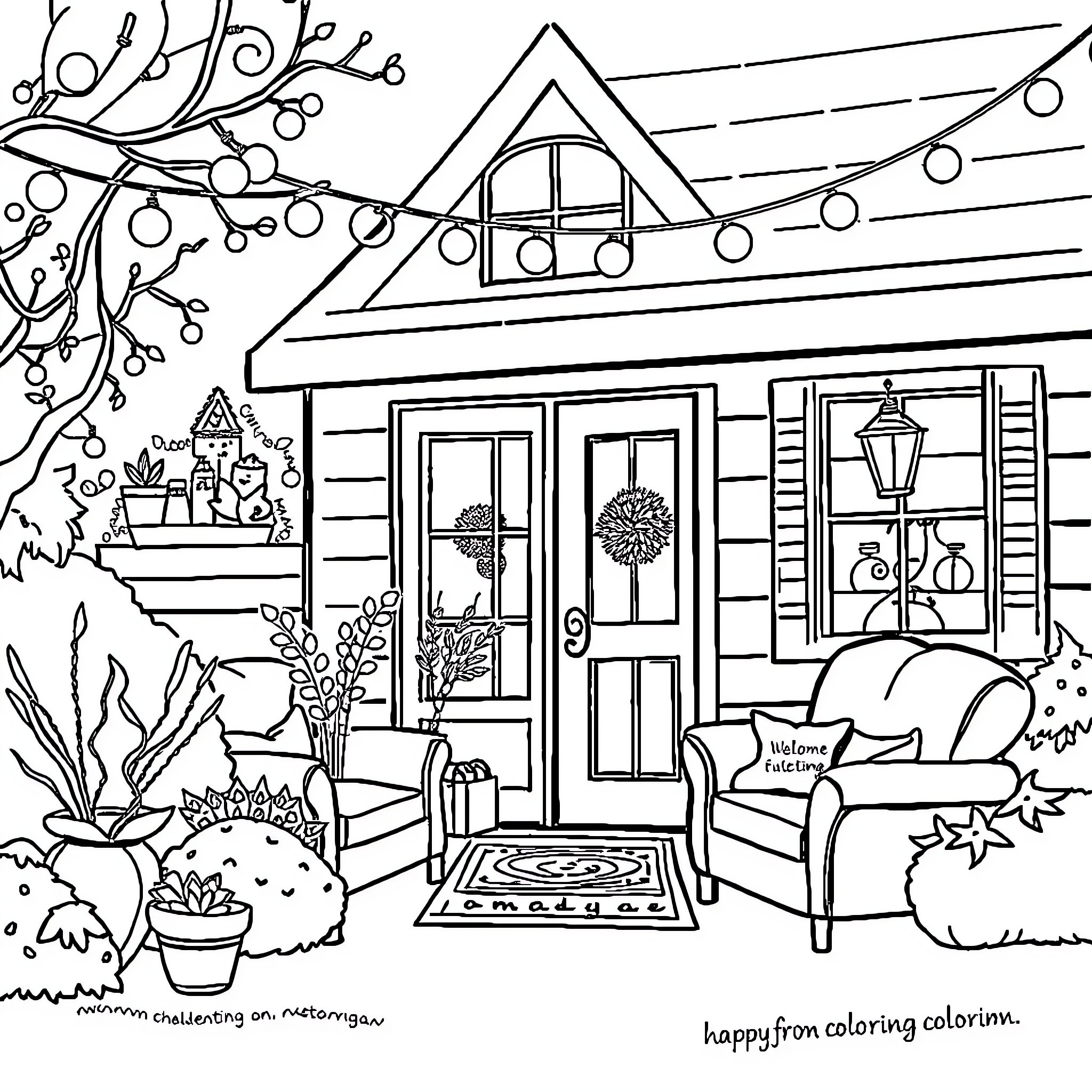 Home with Decorative Porch and Greenery Coloring Page (free black-and-white line drawing printable PDF for all, from beginners to advanced learners, including children, teens, adults, and seniors)