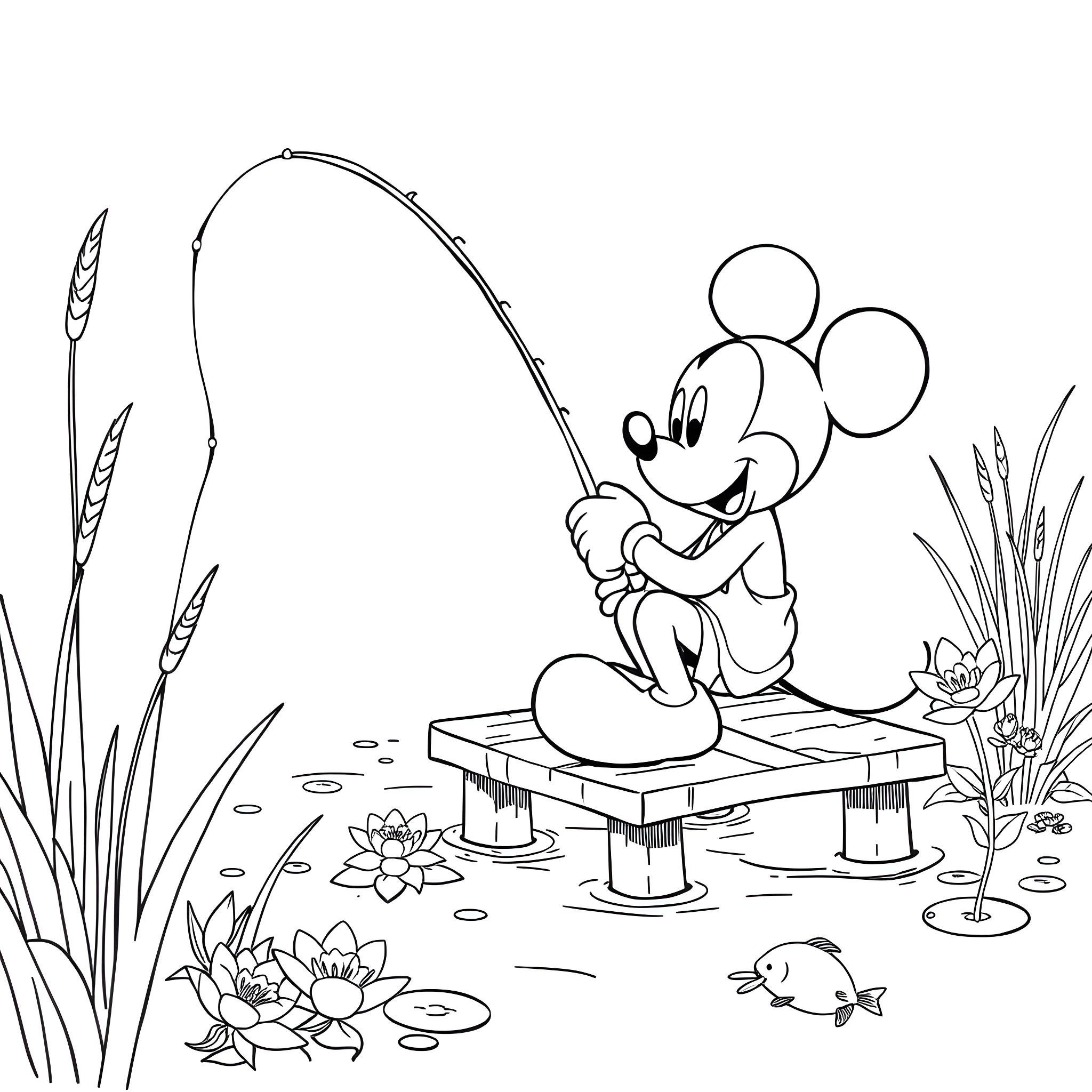 Mickey Mouse fishing happily by the lake Coloring Page (free black-and-white line drawing printable PDF for all, from beginners to advanced learners, including children, teens, adults, and seniors)
