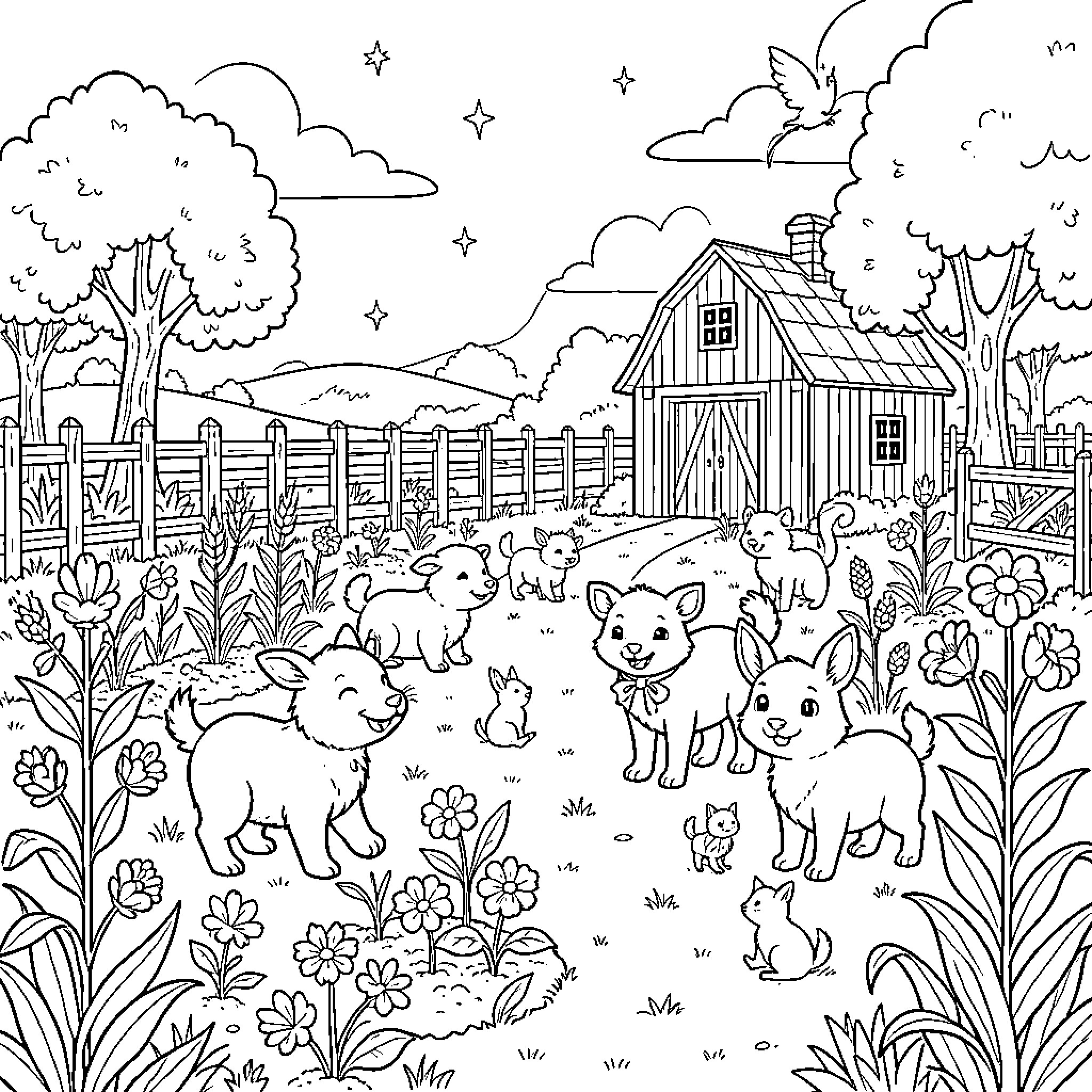 Farm animals playing joyfully in a flower garden Coloring Page (free black-and-white line drawing printable PDF for all, from beginners to advanced learners, including children, teens, adults, and seniors)