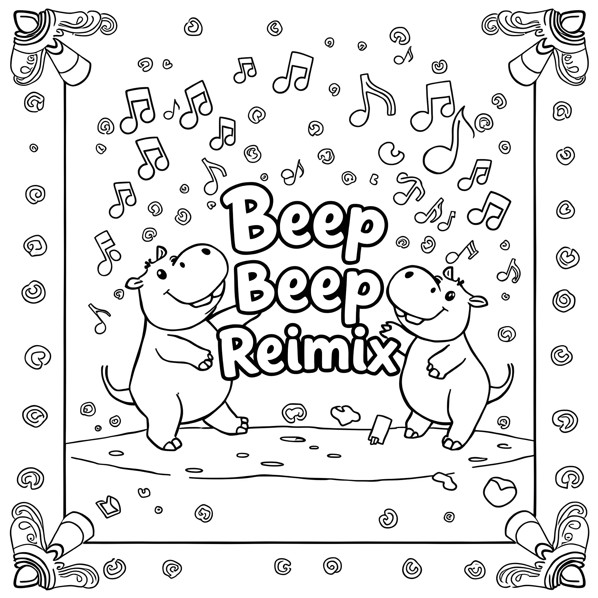 Hippos dancing and singing to Beep Beep Remix Coloring Page (free black-and-white line drawing printable PDF for all, from beginners to advanced learners, including children, teens, adults, and seniors)