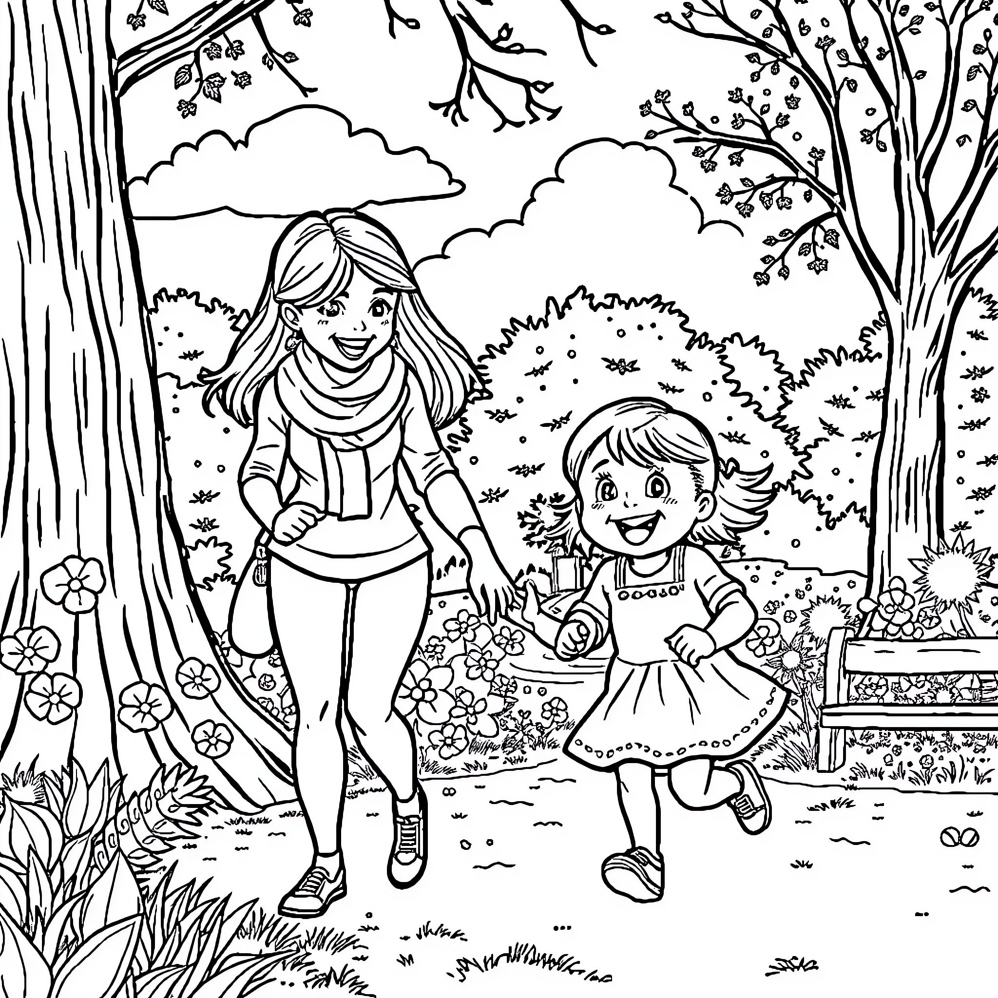 Girl and child enjoy nature's wonders in garden Coloring Page (free black-and-white line drawing printable PDF for all, from beginners to advanced learners, including children, teens, adults, and seniors)