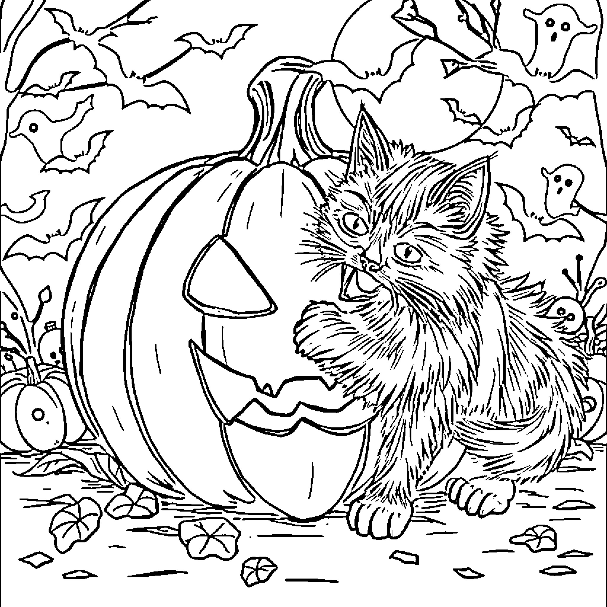 Pumpkin and Curious Cat in Spooky Halloween Scene Coloring Page (free black-and-white line drawing printable PDF for all, from beginners to advanced learners, including children, teens, adults, and seniors)