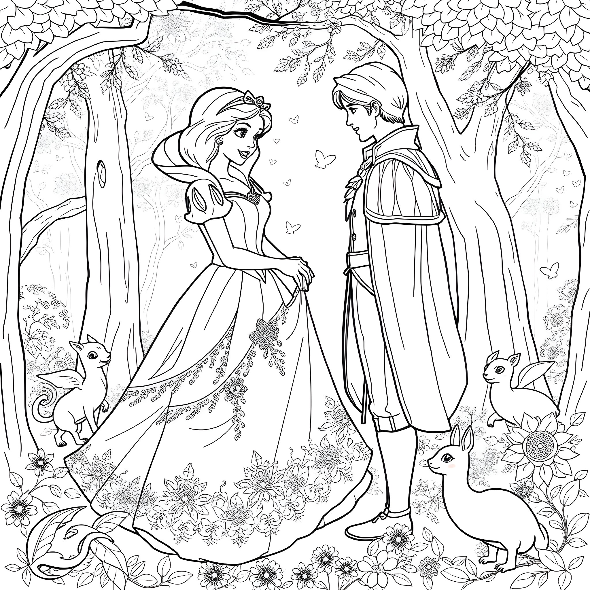 Snow White and the Prince in a Whimsical Forest Coloring Page (free black-and-white line drawing printable PDF for all, from beginners to advanced learners, including children, teens, adults, and seniors)