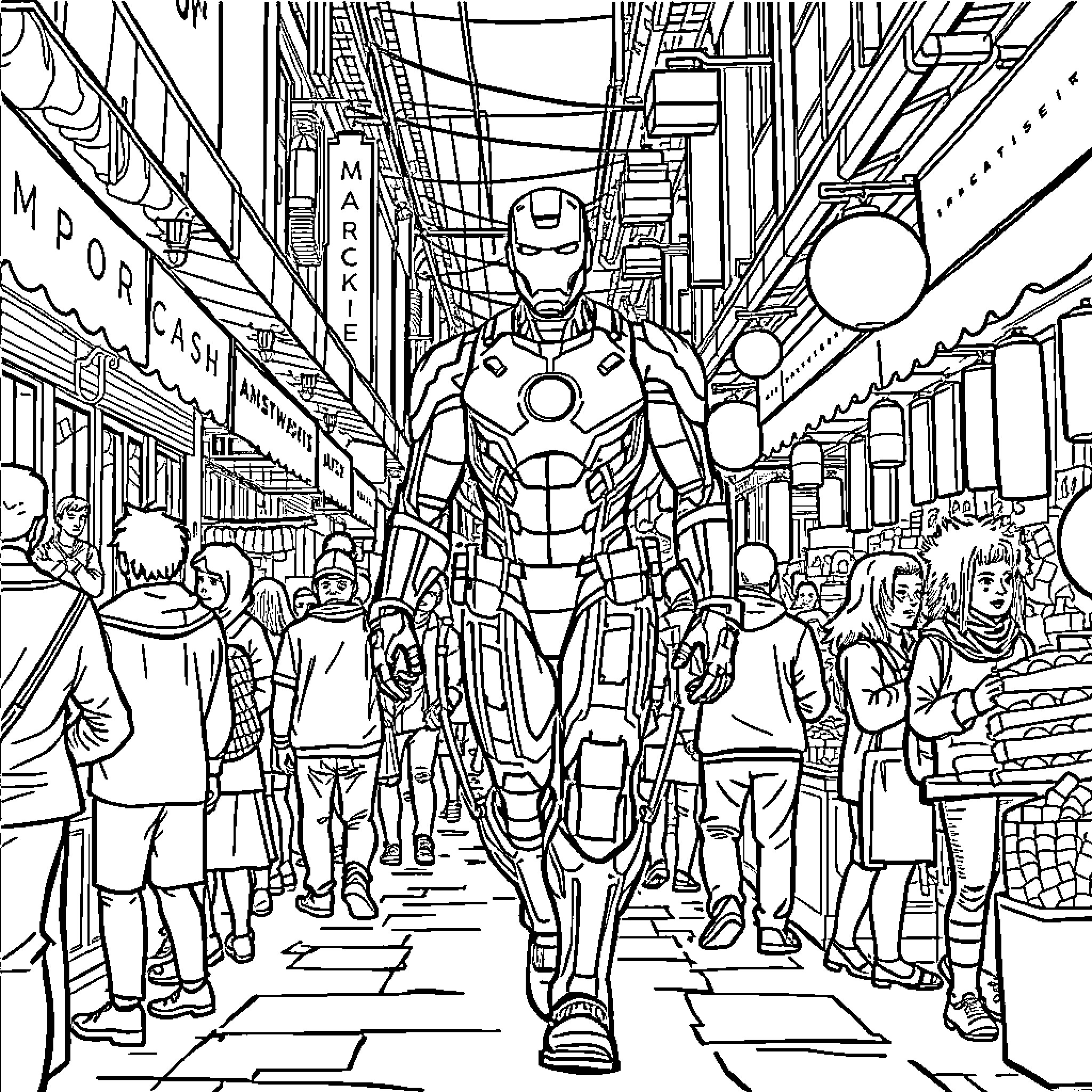 Ironman walking through a crowded city street Coloring Page (free black-and-white line drawing printable PDF for all, from beginners to advanced learners, including children, teens, adults, and seniors)