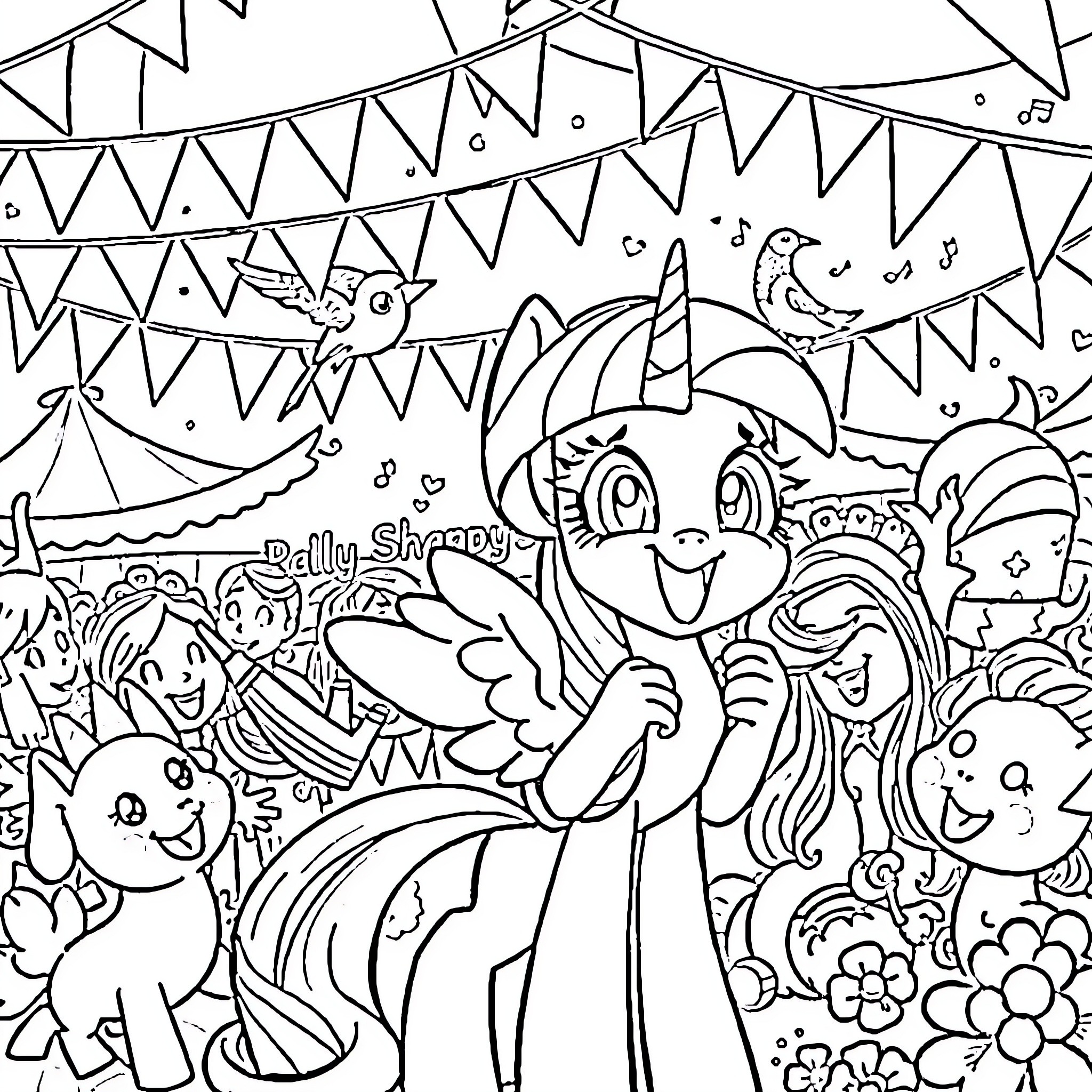 Twilight Sparkle celebrates with friends at a party Coloring Page (free black-and-white line drawing printable PDF for all, from beginners to advanced learners, including children, teens, adults, and seniors)