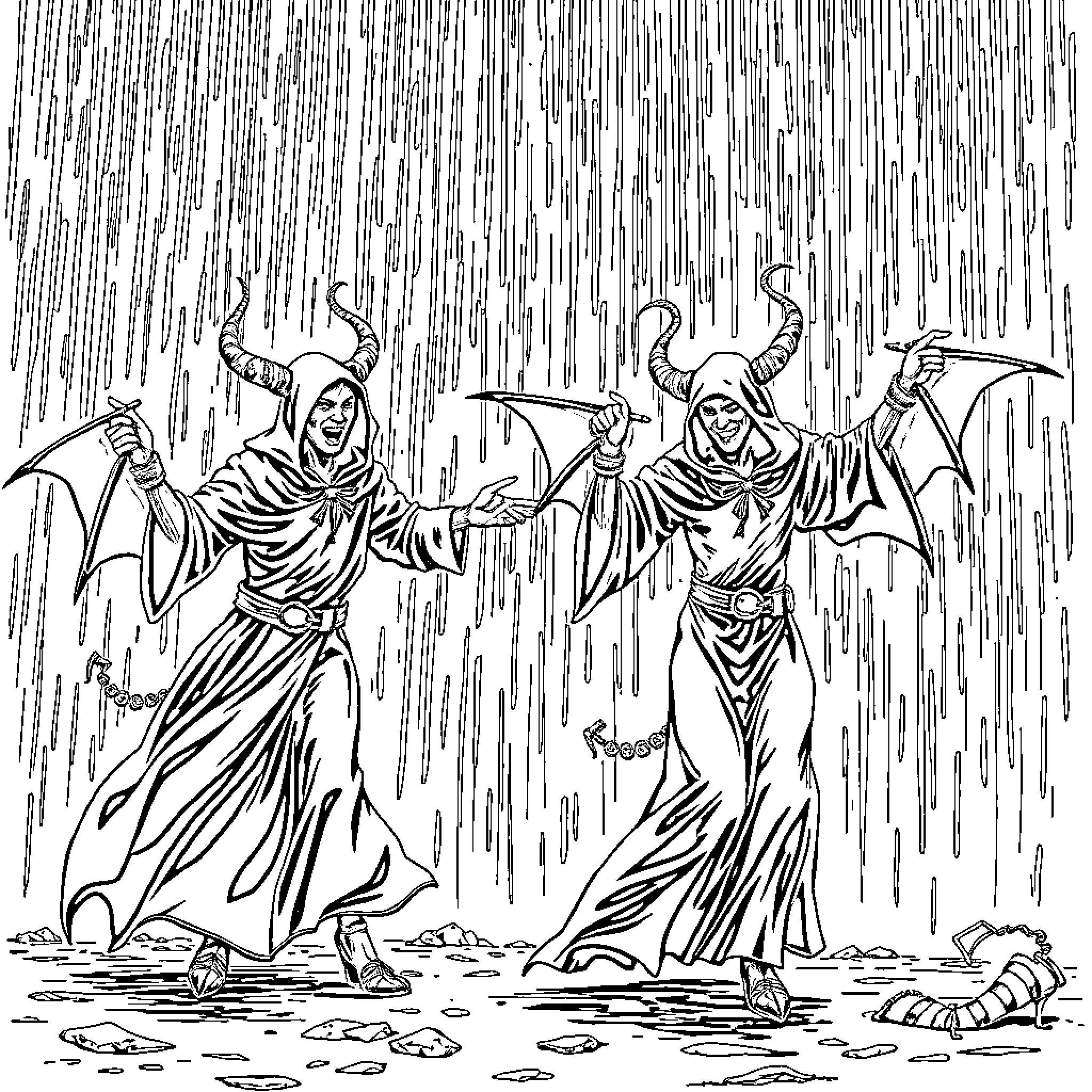 Demon Hunters Battling Fearsome Foes in a Storm Coloring Page (free black-and-white line drawing printable PDF for all, from beginners to advanced learners, including children, teens, adults, and seniors)