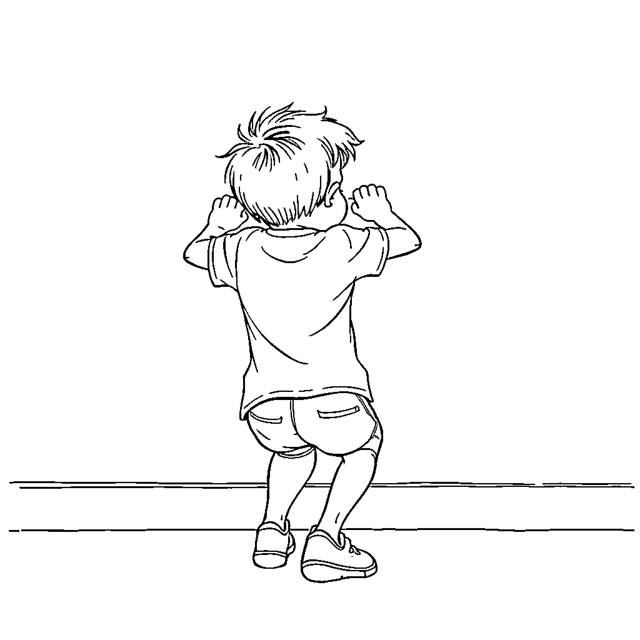 Boy jumping in excitement Coloring Page (free black-and-white line drawing printable PDF for all, from beginners to advanced learners, including children, teens, adults, and seniors)