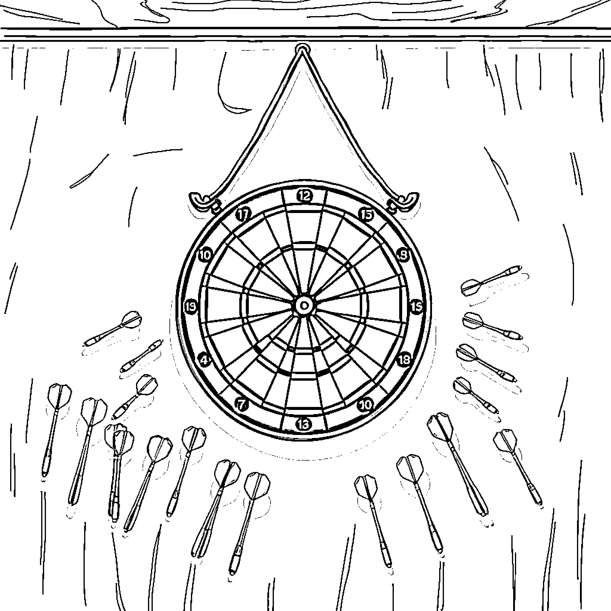 Dart Board with Darts Scattered on Wooden Surface Coloring Page (free black-and-white line drawing printable PDF for all, from beginners to advanced learners, including children, teens, adults, and seniors)