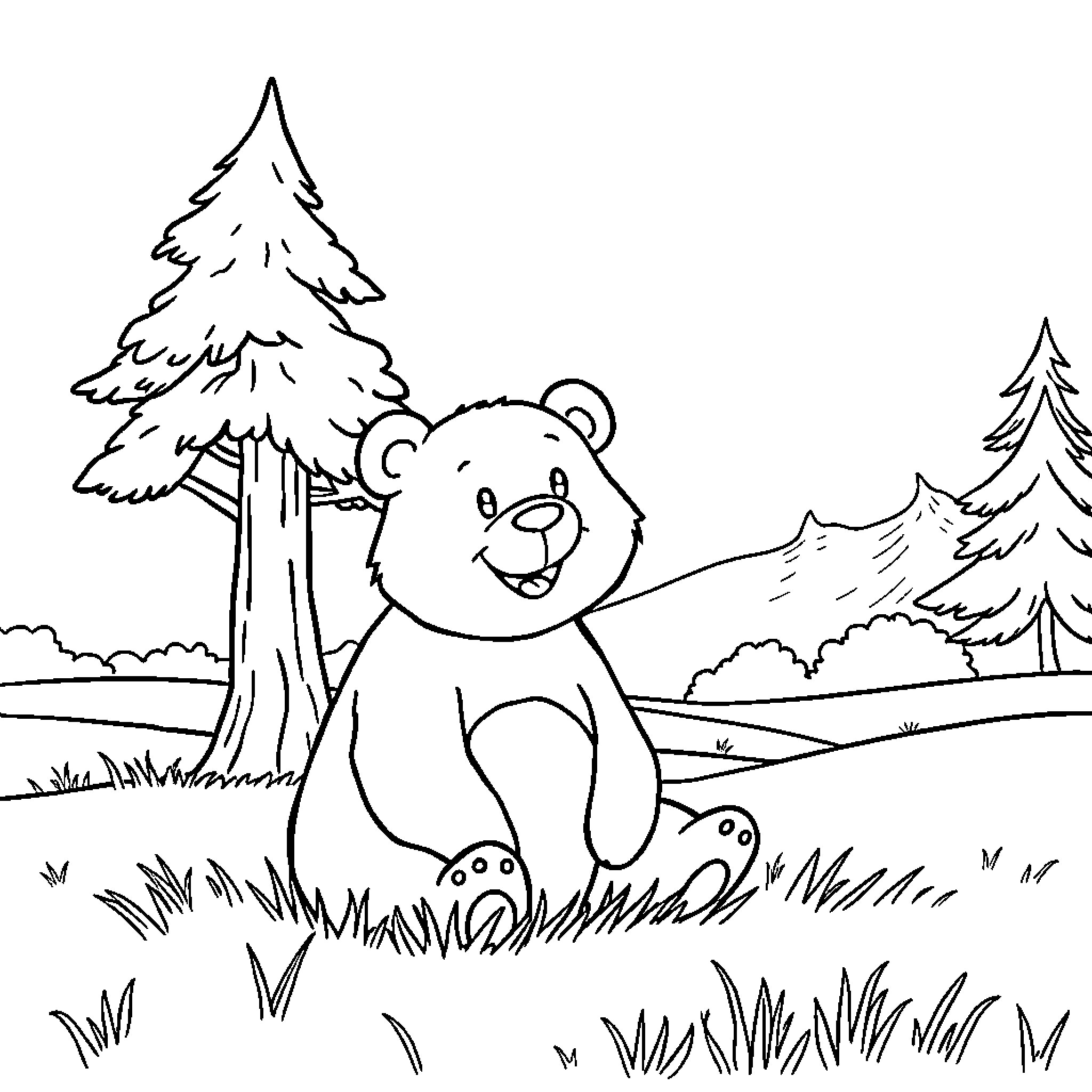 Bear sitting happily in the forest Coloring Page (free black-and-white line drawing printable PDF for all, from beginners to advanced learners, including children, teens, adults, and seniors)