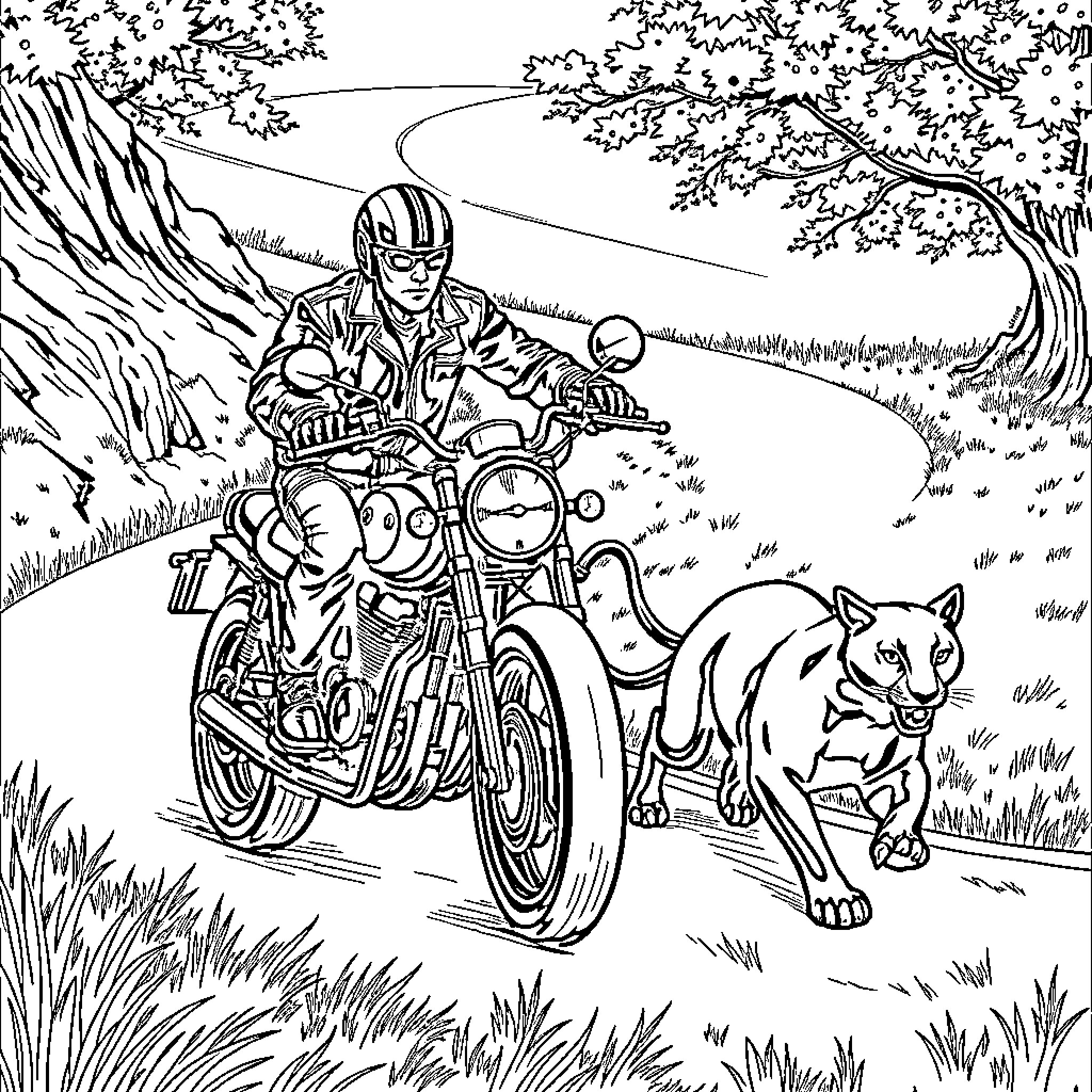 Biker rides through scenic forest with wild cat Coloring Page (free black-and-white line drawing printable PDF for all, from beginners to advanced learners, including children, teens, adults, and seniors)