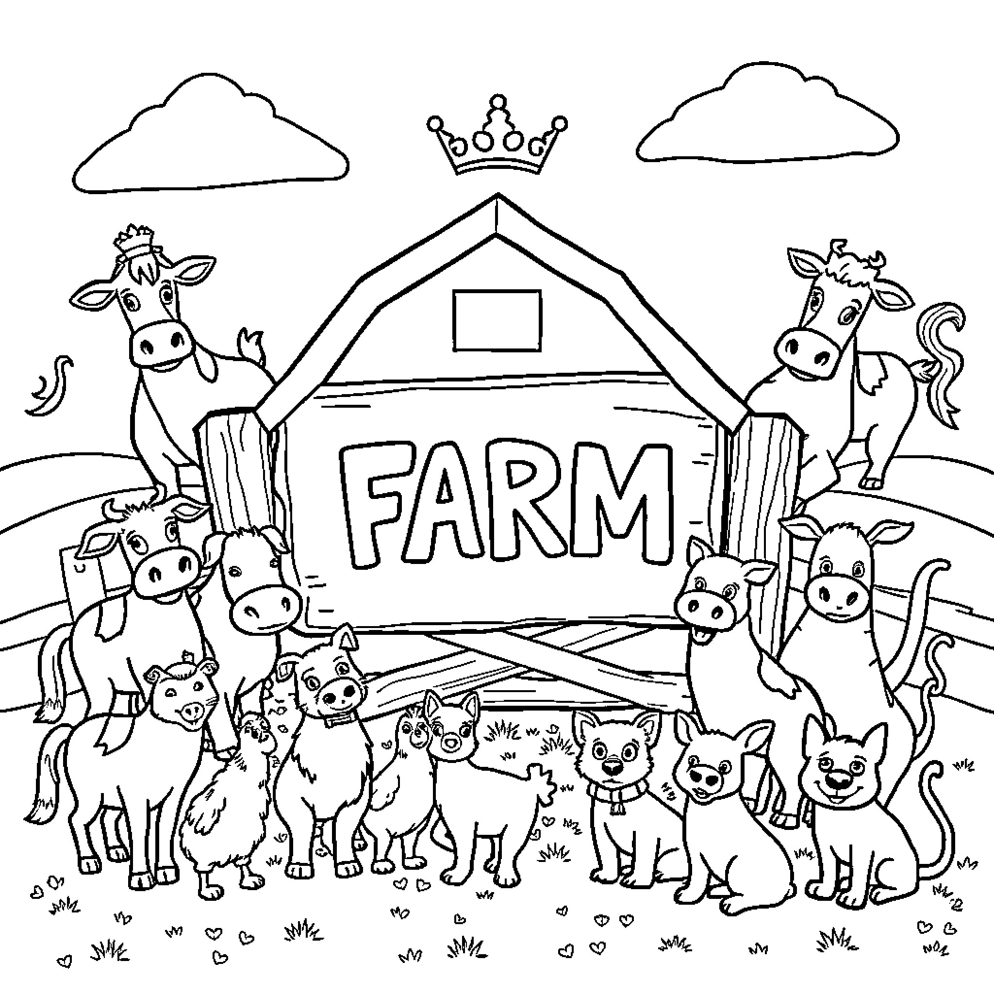 Farm animals gathered around a barn Coloring Page (free black-and-white line drawing printable PDF for all, from beginners to advanced learners, including children, teens, adults, and seniors)