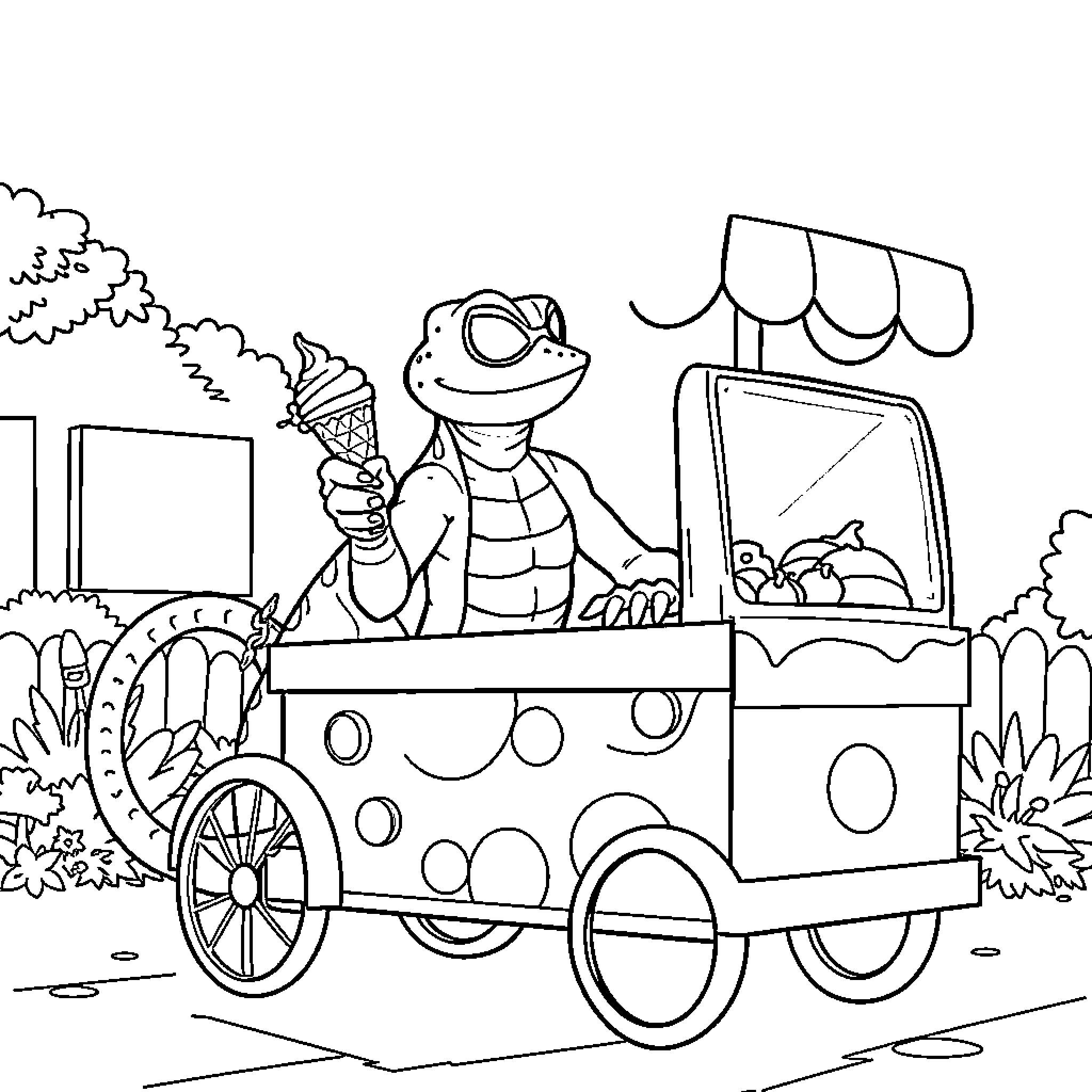 Lizard selling ice cream from a cart Coloring Page (free black-and-white line drawing printable PDF for all, from beginners to advanced learners, including children, teens, adults, and seniors)