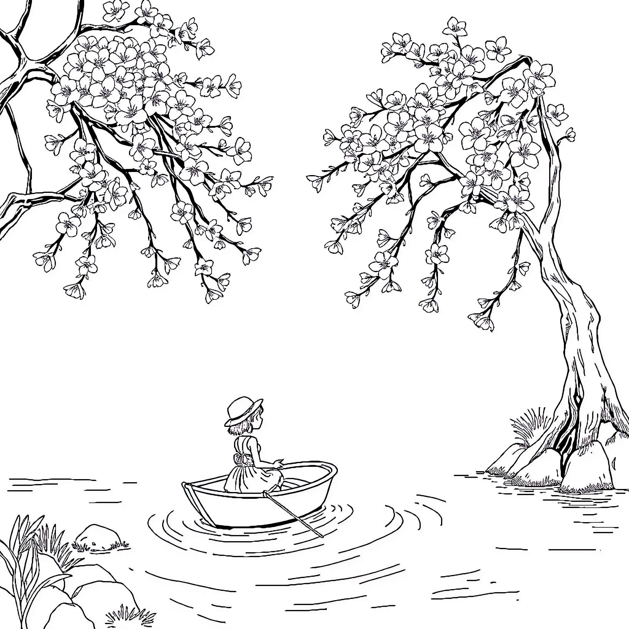 Girl sailing on tranquil pond amid blooming trees Coloring Page (free black-and-white line drawing printable PDF for all, from beginners to advanced learners, including children, teens, adults, and seniors)