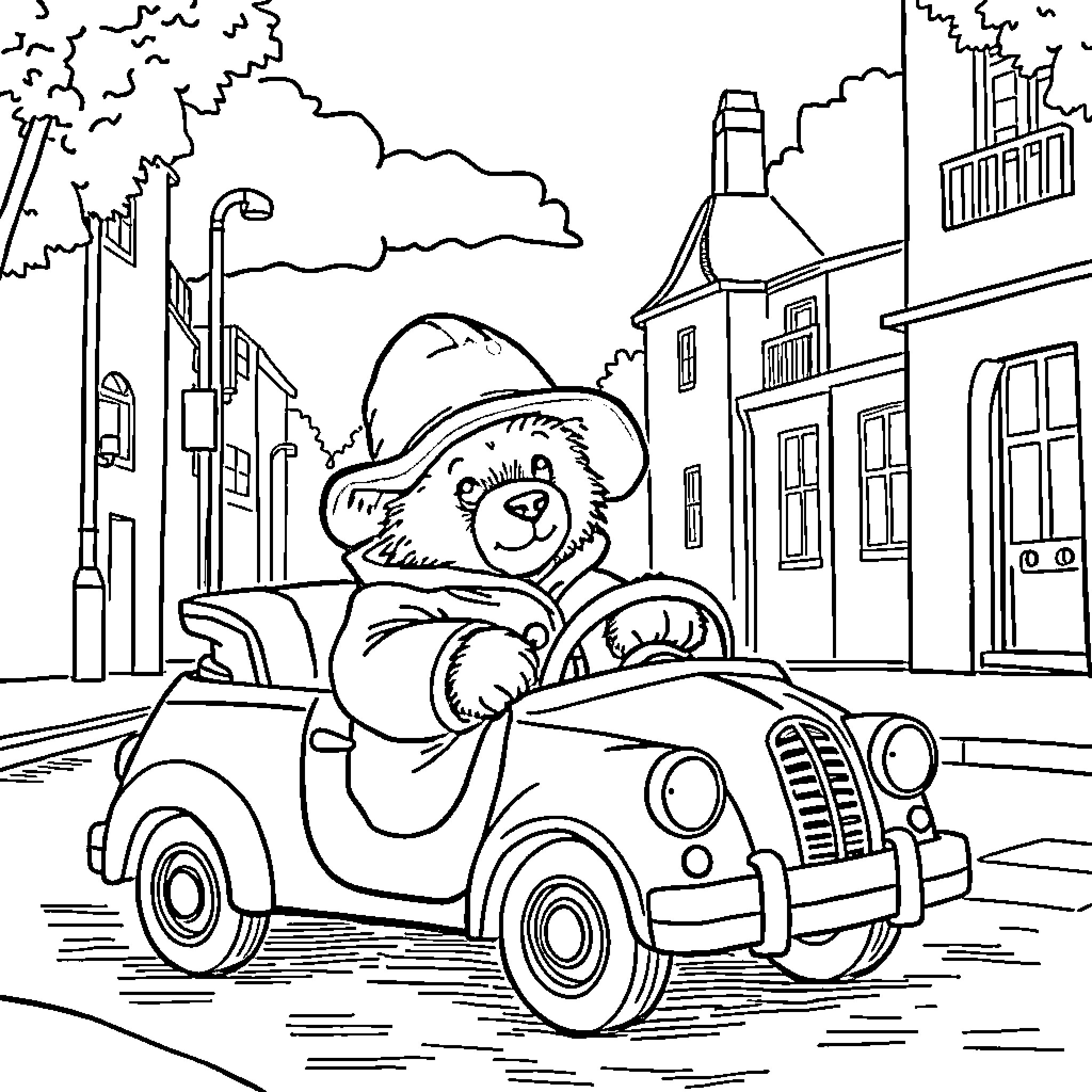 Paddington Bear's Joyride through the City Streets Coloring Page (free black-and-white line drawing printable PDF for all, from beginners to advanced learners, including children, teens, adults, and seniors)