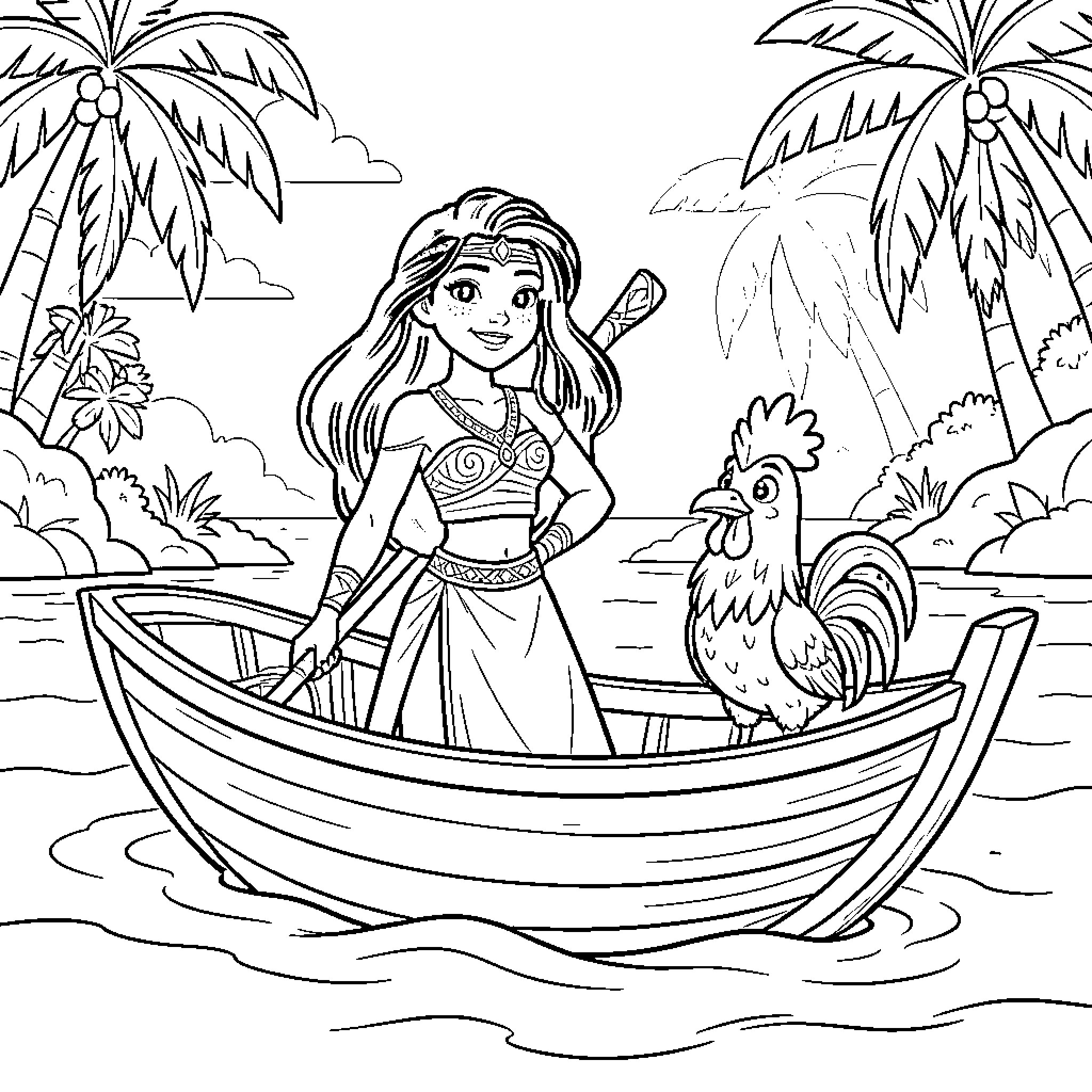 Vaiana sailing a boat with Heihei the rooster Coloring Page (free black-and-white line drawing printable PDF for all, from beginners to advanced learners, including children, teens, adults, and seniors)