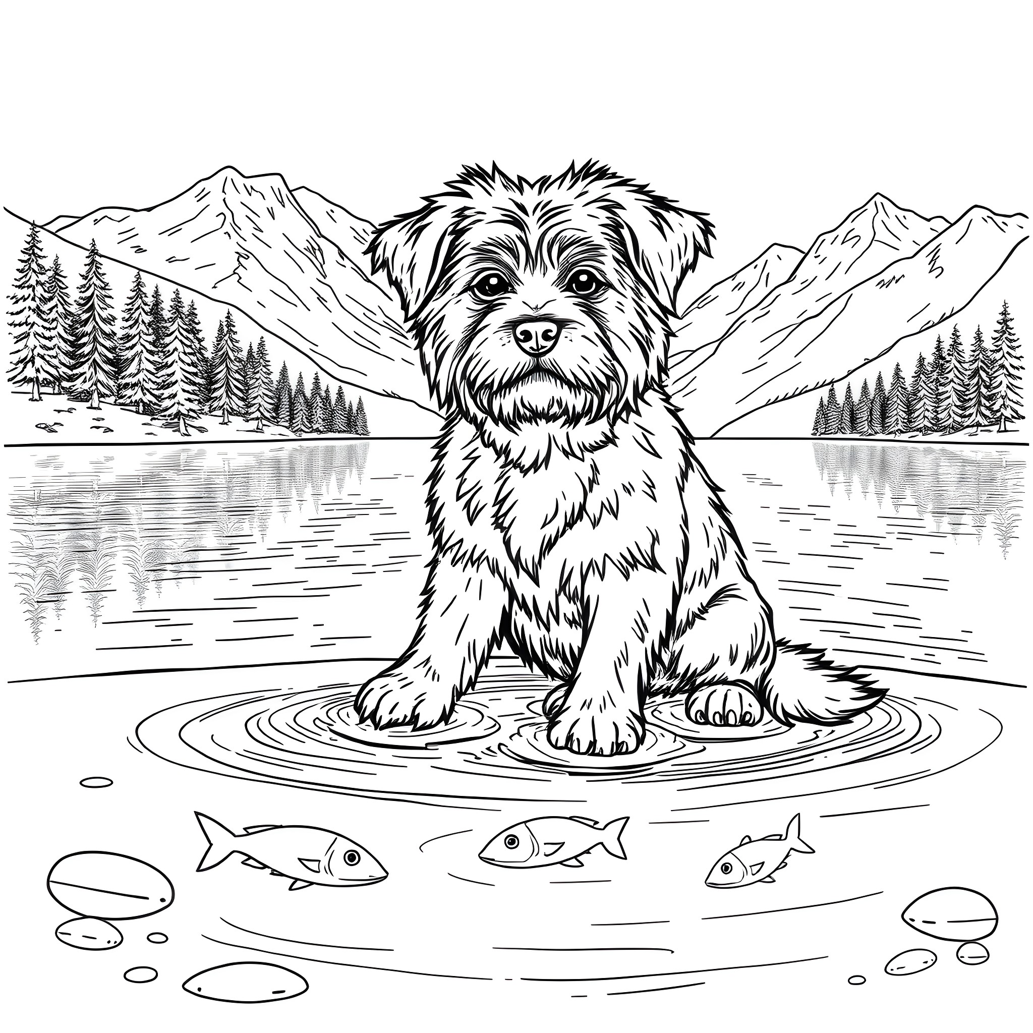 Dog enjoying a mountain lake scenery Coloring Page (free black-and-white line drawing printable PDF for all, from beginners to advanced learners, including children, teens, adults, and seniors)
