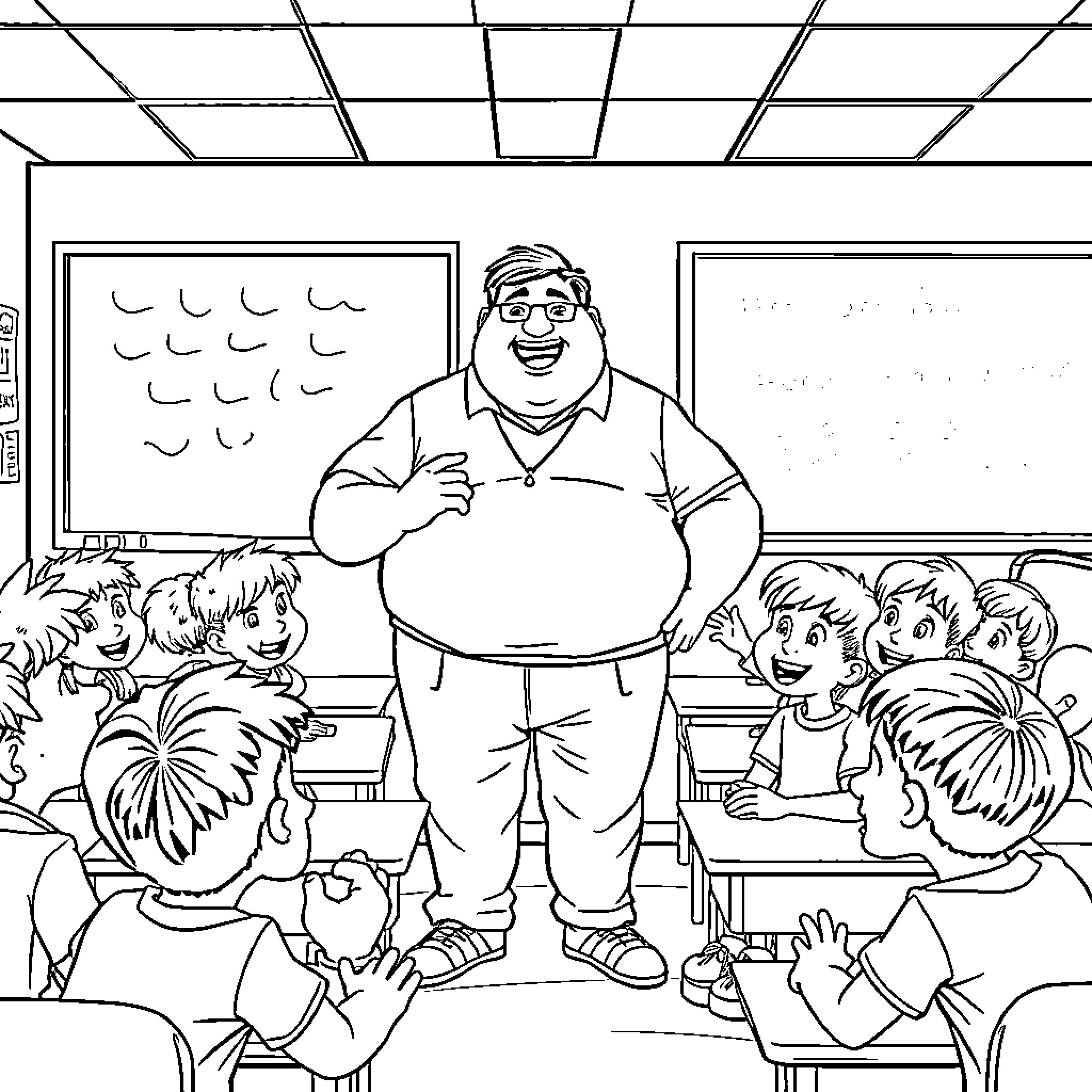 Teacher engaging students in lively classroom discussion Coloring Page (free black-and-white line drawing printable PDF for all, from beginners to advanced learners, including children, teens, adults, and seniors)