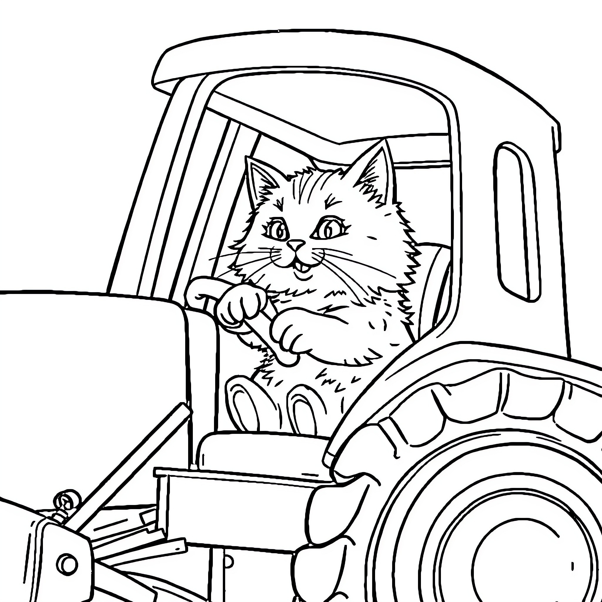 Cat driving a tractor Coloring Page (free black-and-white line drawing printable PDF for all, from beginners to advanced learners, including children, teens, adults, and seniors)