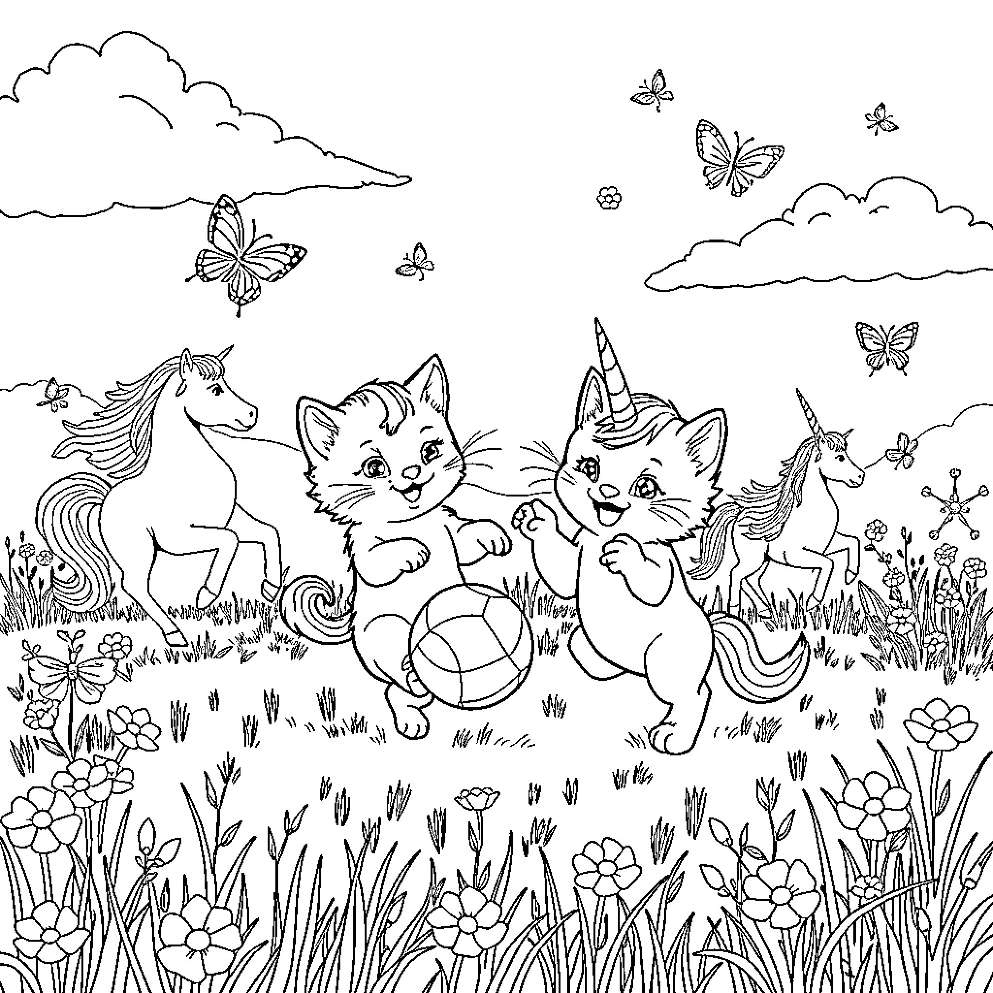 Kitten adventures with unicorns and butterflies Coloring Page (free black-and-white line drawing printable PDF for all, from beginners to advanced learners, including children, teens, adults, and seniors)